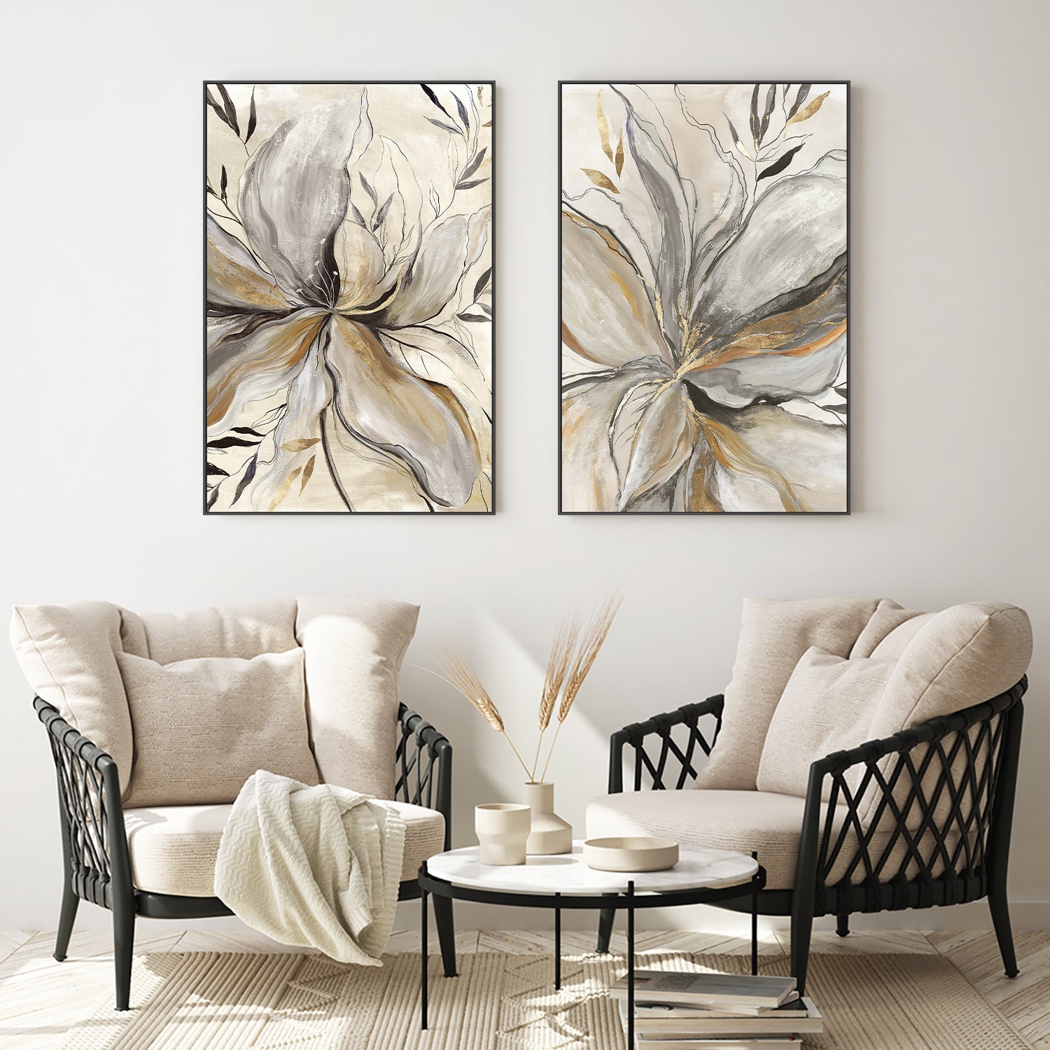 wall-art-print-canvas-poster-framed-Gold Charcole Flower, Style A & B, Set Of 2 , By Asia Jensen-7