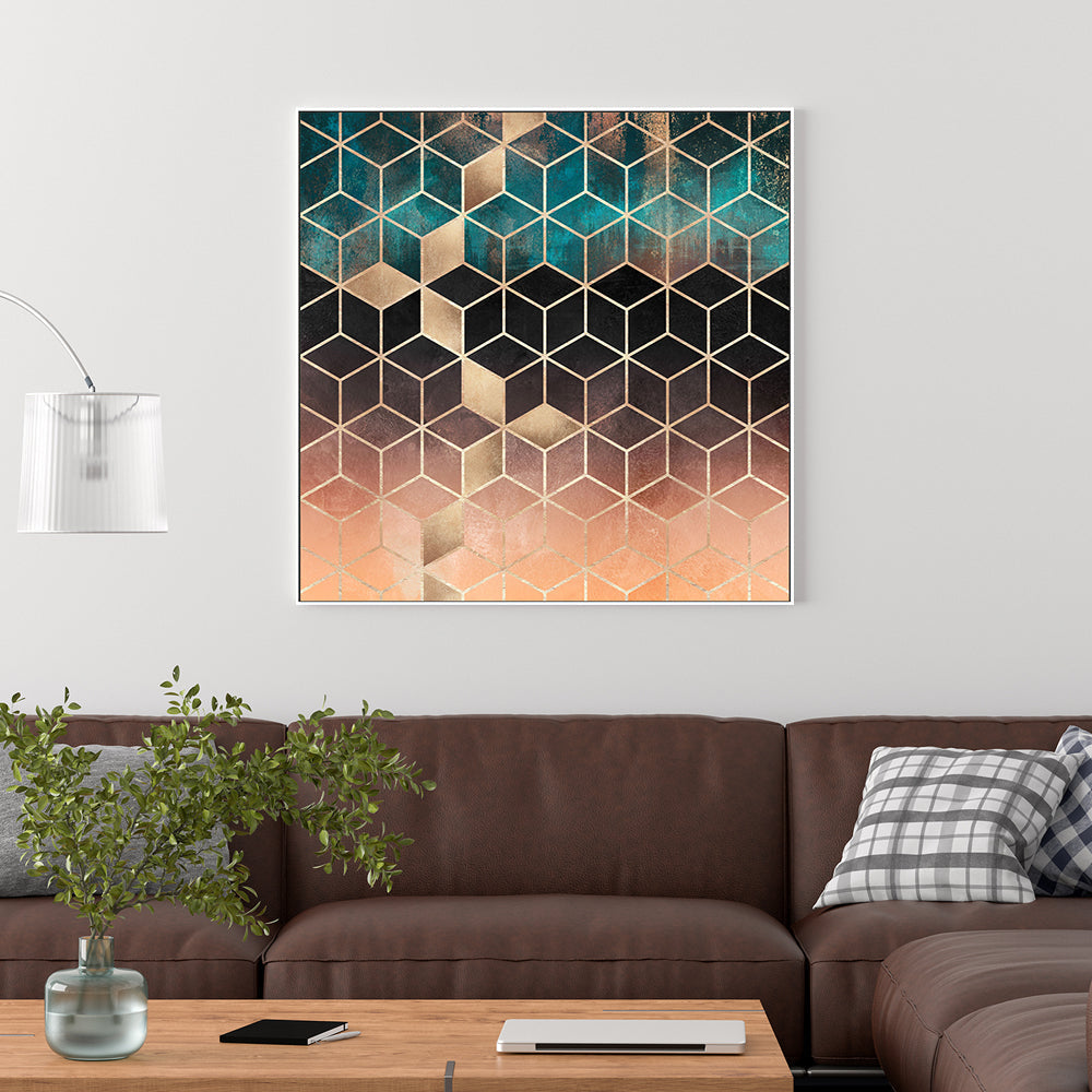 wall-art-print-canvas-poster-framed-Gold, Peach and Teal Geometric Design-GIOIA-WALL-ART