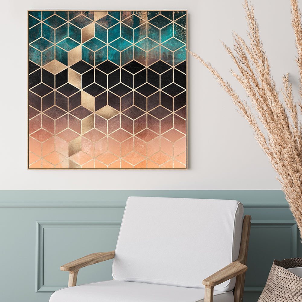 wall-art-print-canvas-poster-framed-Gold, Peach and Teal Geometric Design-GIOIA-WALL-ART