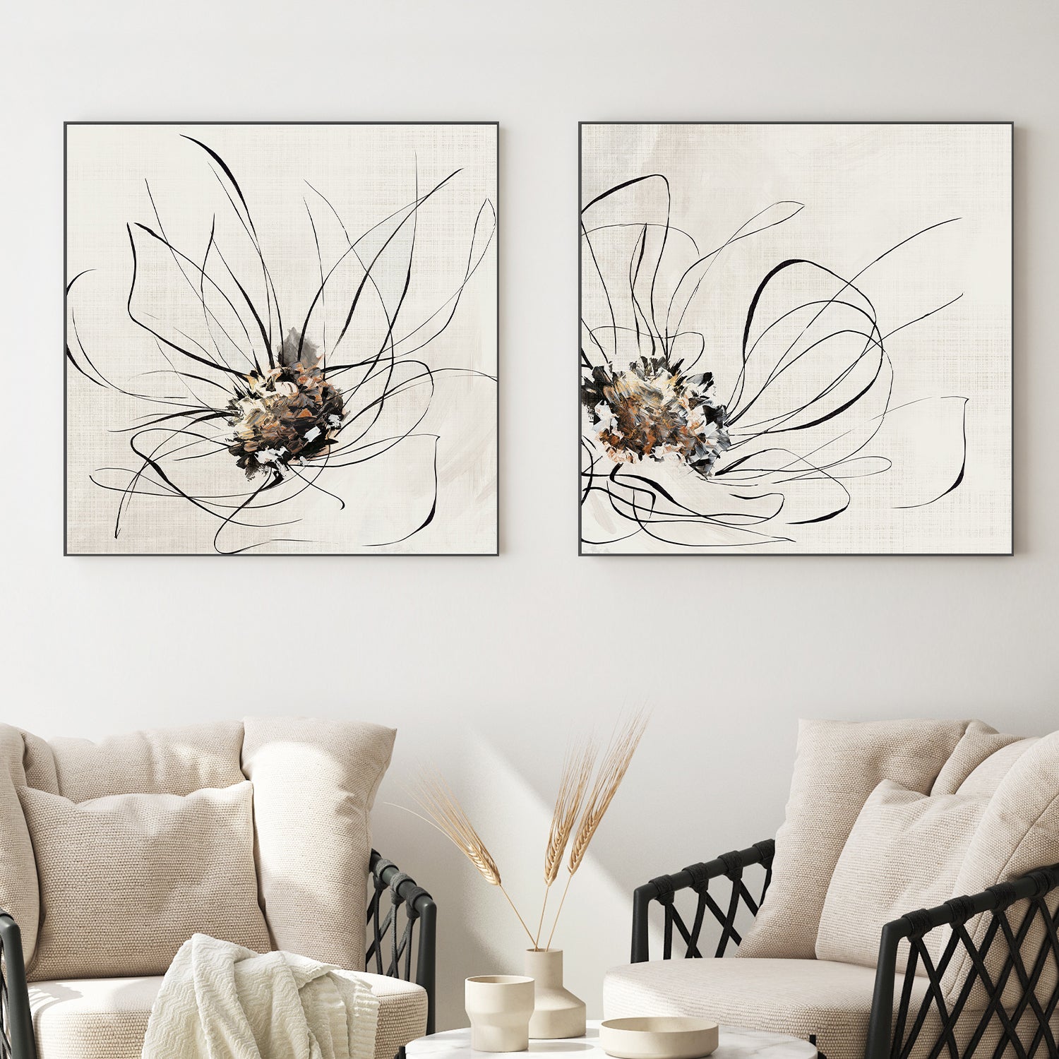 wall-art-print-canvas-poster-framed-Golden Flower Lines, Style A & B, Set Of 2 , By Alex Black-2