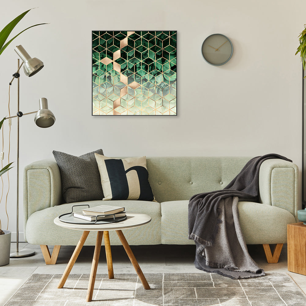 wall-art-print-canvas-poster-framed-Golden Leafy Green Geometric Design-GIOIA-WALL-ART