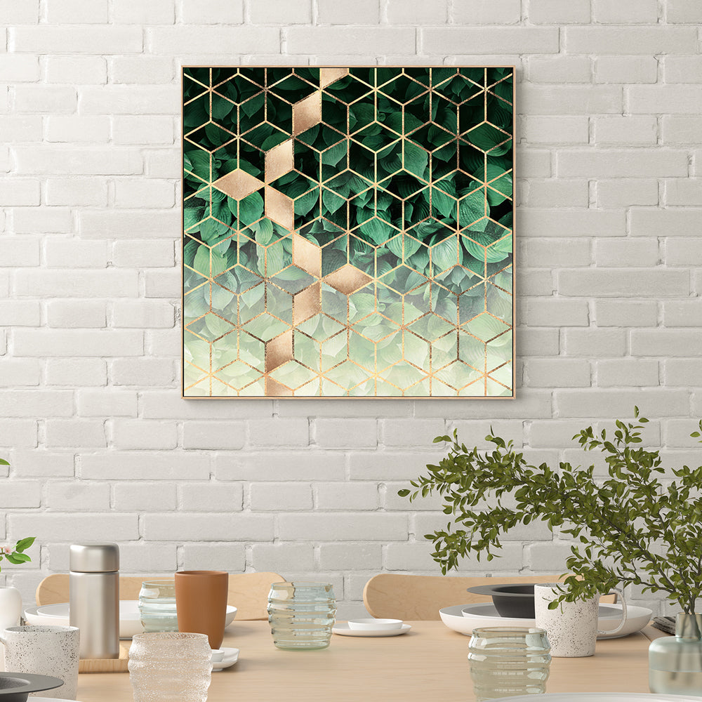 wall-art-print-canvas-poster-framed-Golden Leafy Green Geometric Design-GIOIA-WALL-ART