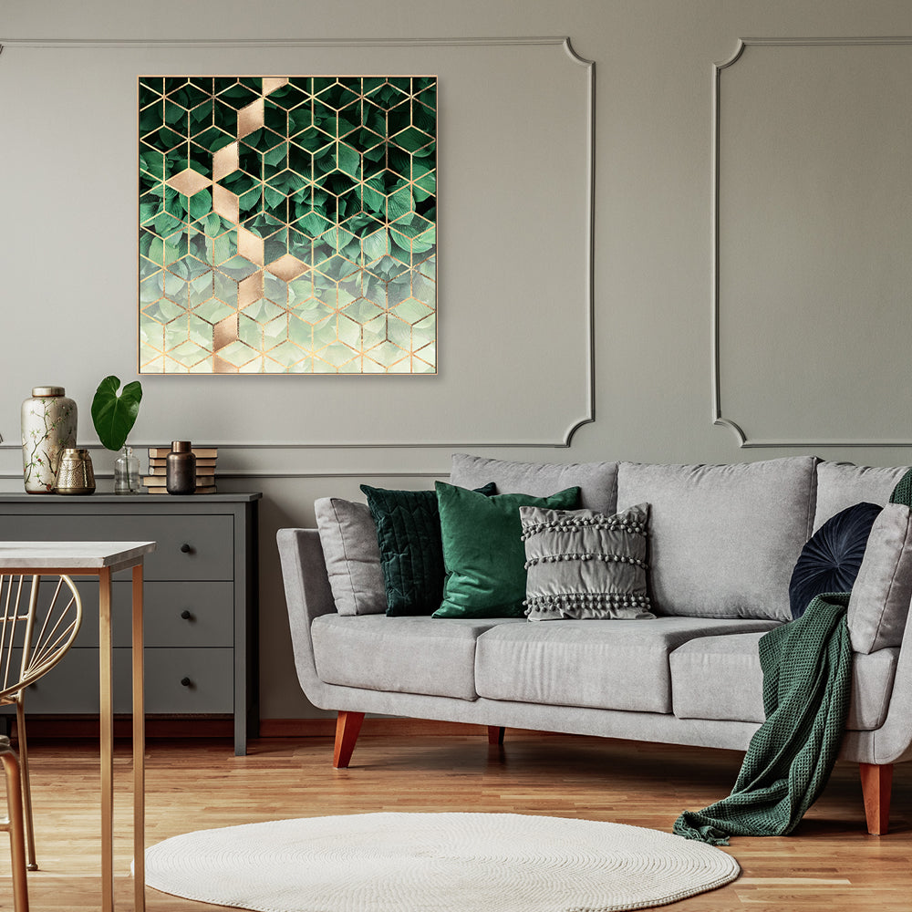 wall-art-print-canvas-poster-framed-Golden Leafy Green Geometric Design-GIOIA-WALL-ART
