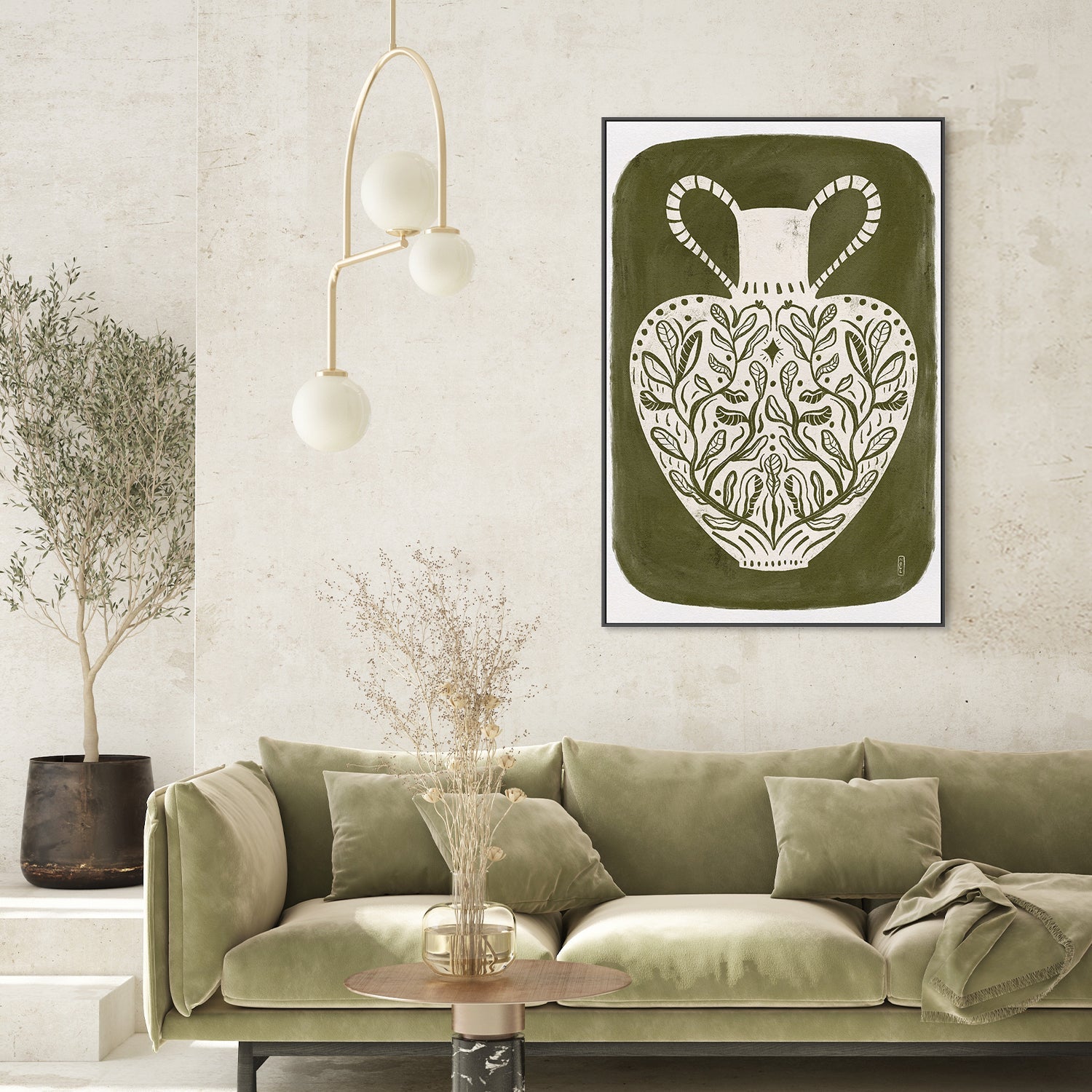 wall-art-print-canvas-poster-framed-Greek Vase Olive Green Illustration-2