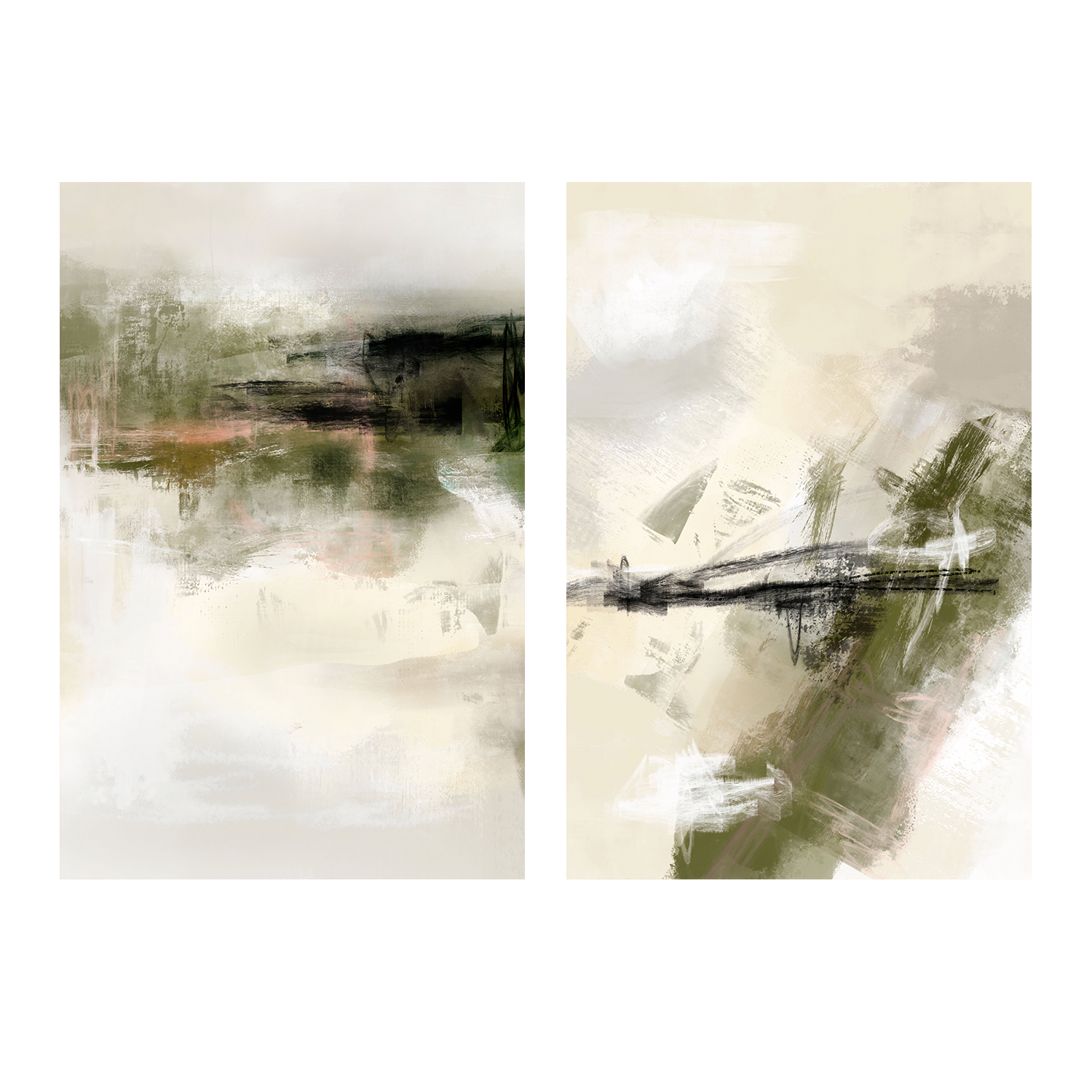 wall-art-print-canvas-poster-framed-Green And Beige, Style A & B, Set Of 2 , By Karine Tonial Grimm-1