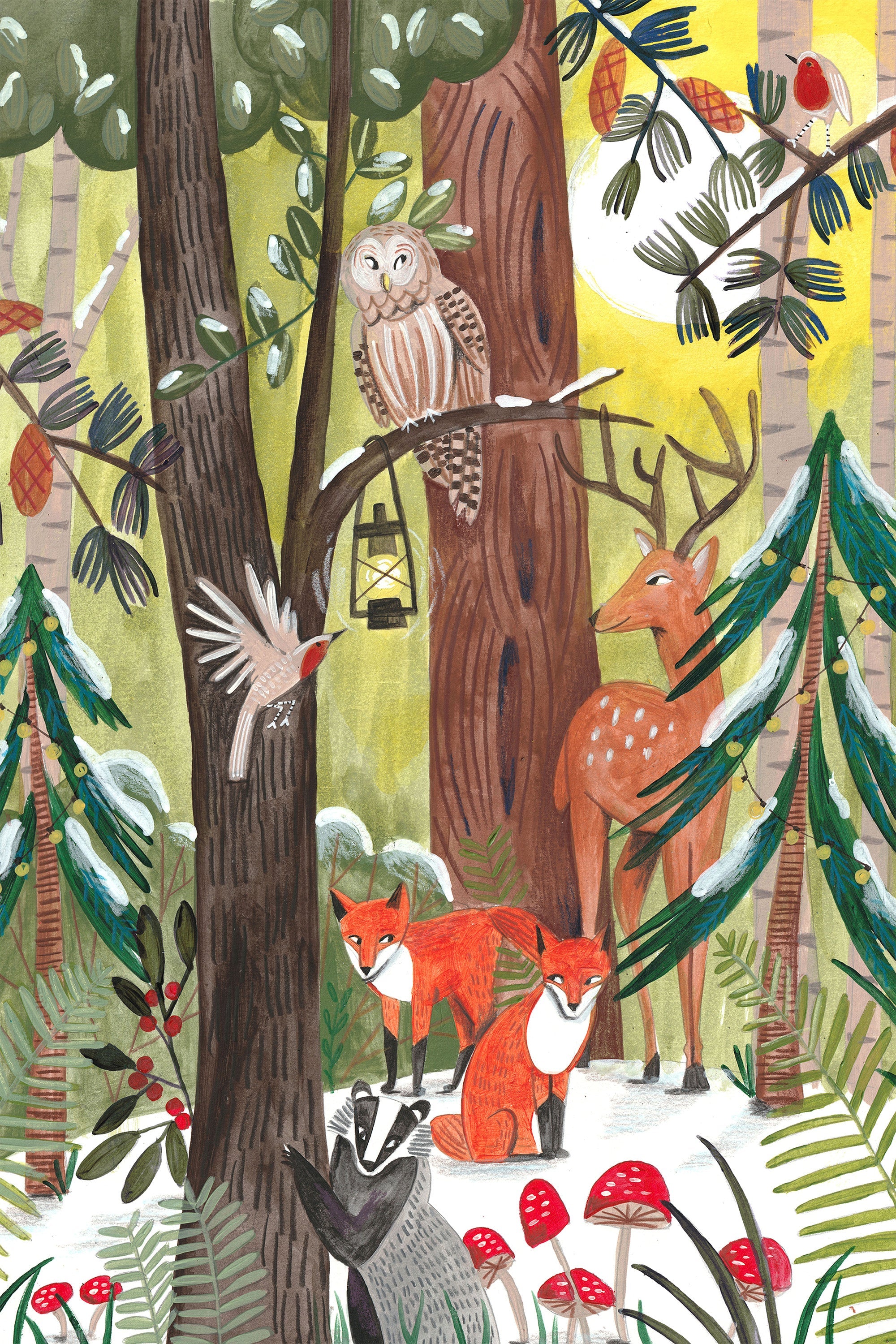 wall-art-print-canvas-poster-framed-Green Christmas forest with animals-1