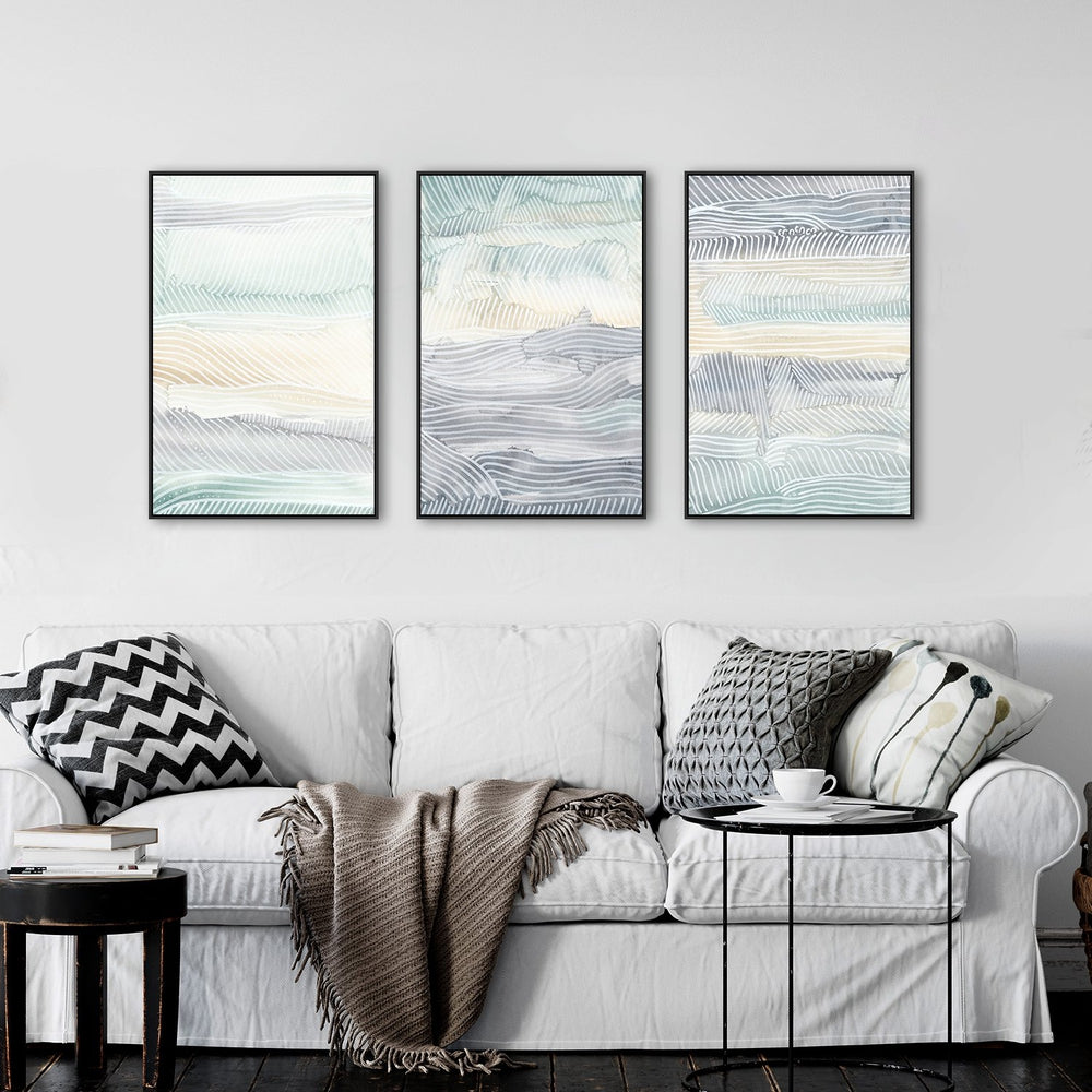 wall-art-print-canvas-poster-framed-Green, Yellow And Blue Abstract, Set Of 3-by-Emily Wood-Gioia Wall Art