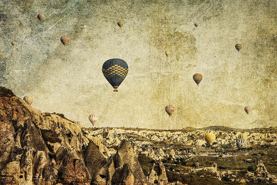 wall-art-print-canvas-poster-framed-Hot Air Balloons in Cappadocia, Turkey with a Painterly Background, Concrete Skies , By Andrew Paranavitana-1