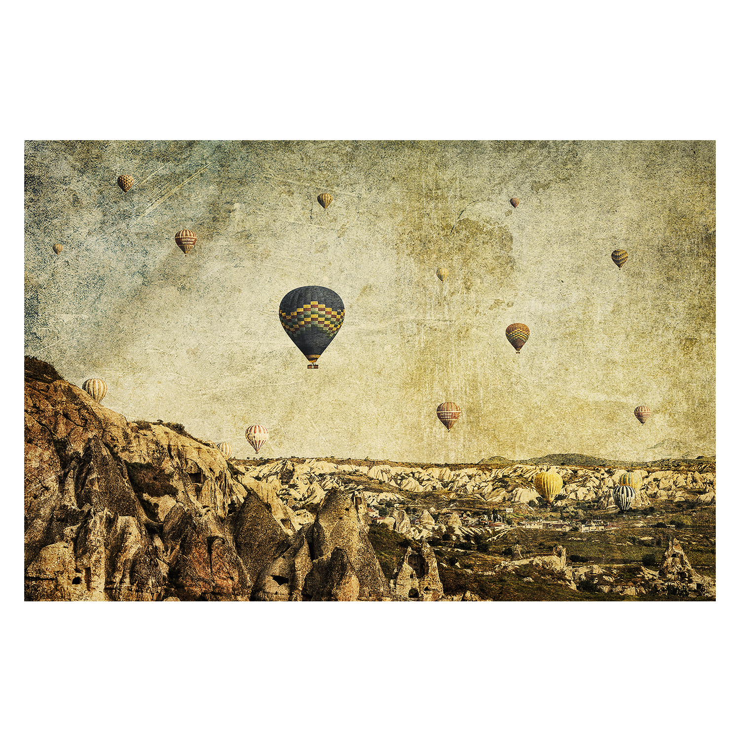 wall-art-print-canvas-poster-framed-Hot Air Balloons in Cappadocia, Turkey with a Painterly Background, Concrete Skies , By Andrew Paranavitana-2