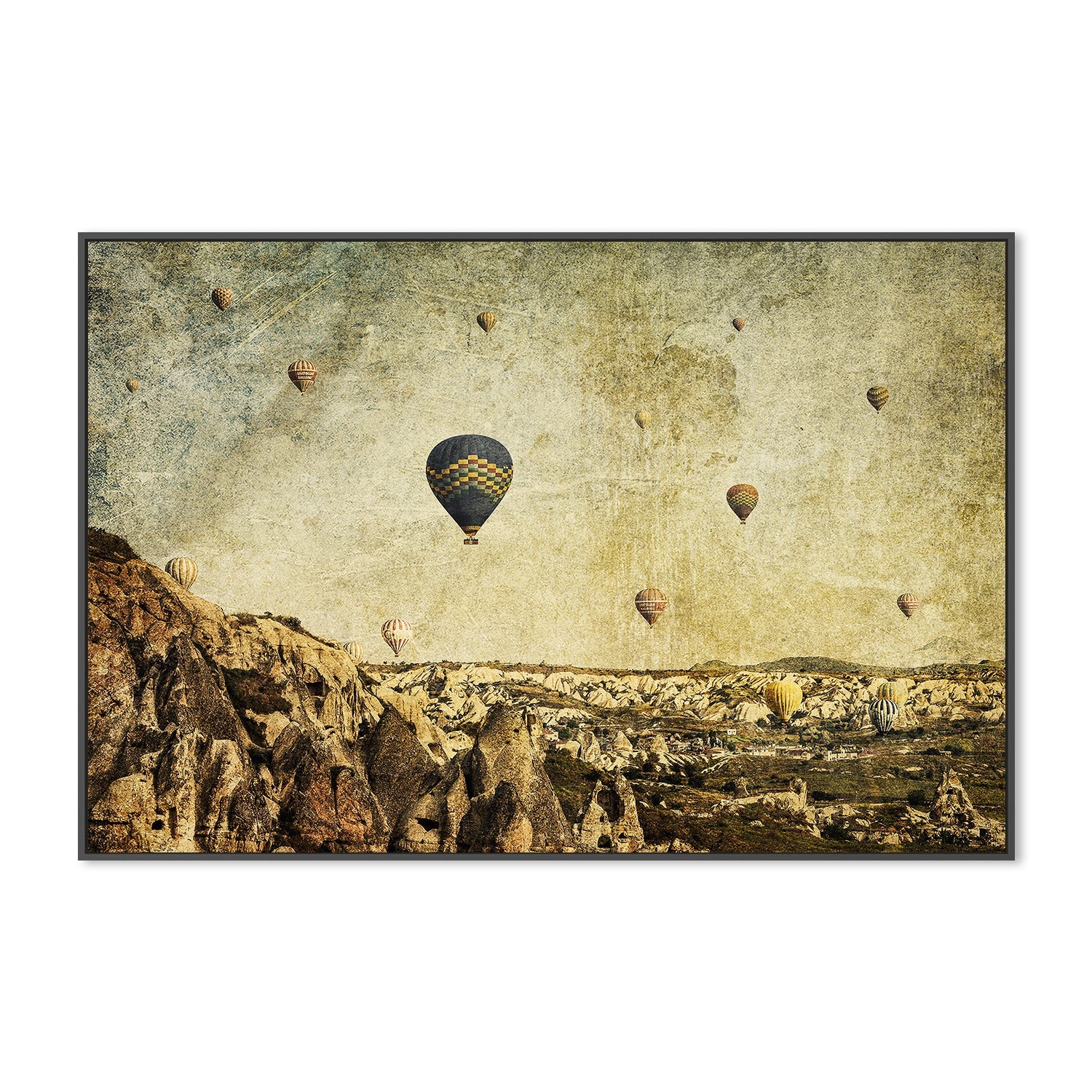 wall-art-print-canvas-poster-framed-Hot Air Balloons in Cappadocia, Turkey with a Painterly Background, Concrete Skies , By Andrew Paranavitana-4