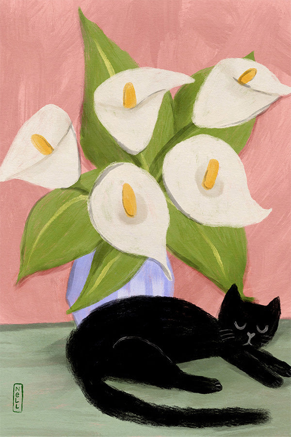 wall-art-print-canvas-poster-framed-Lilies in a Vase and a black cat-1