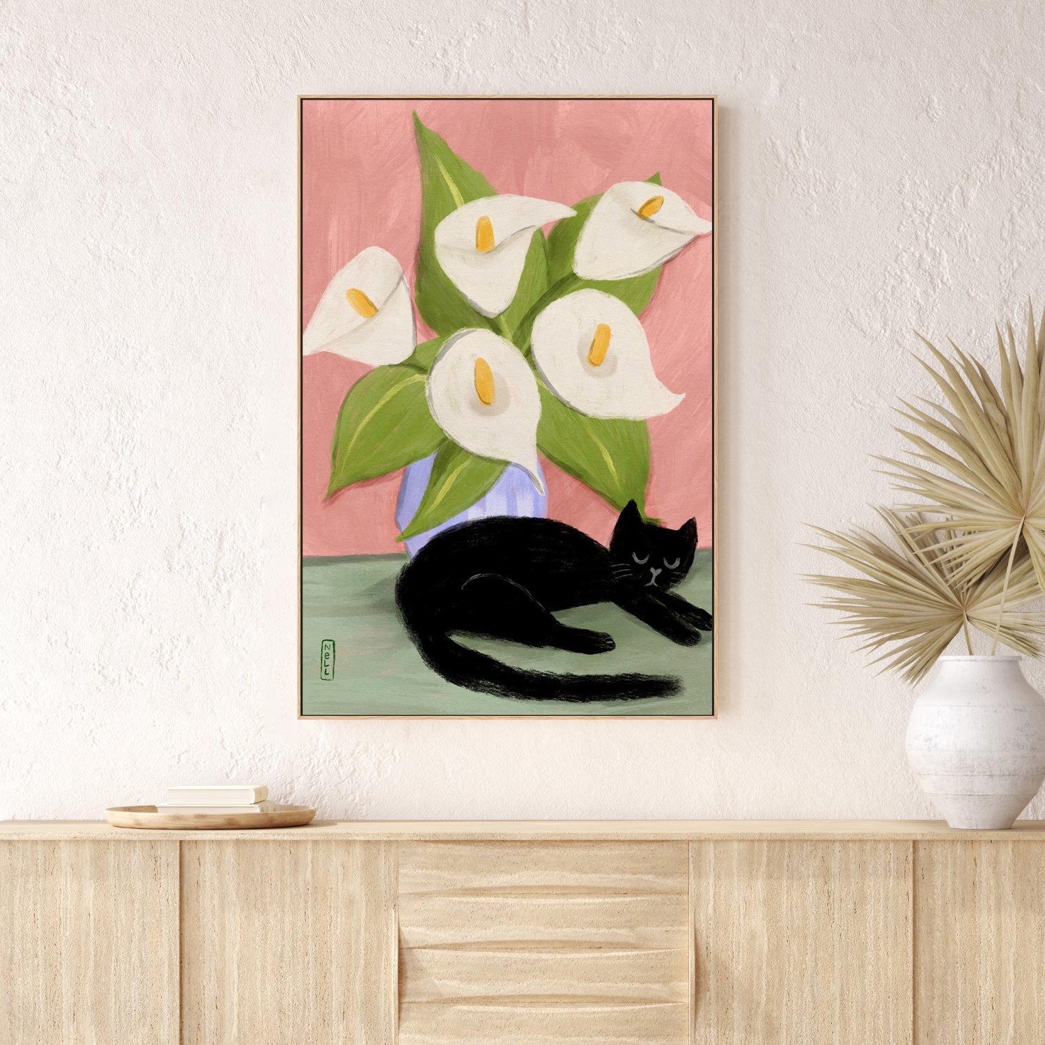 wall-art-print-canvas-poster-framed-Lilies in a Vase and a black cat-2