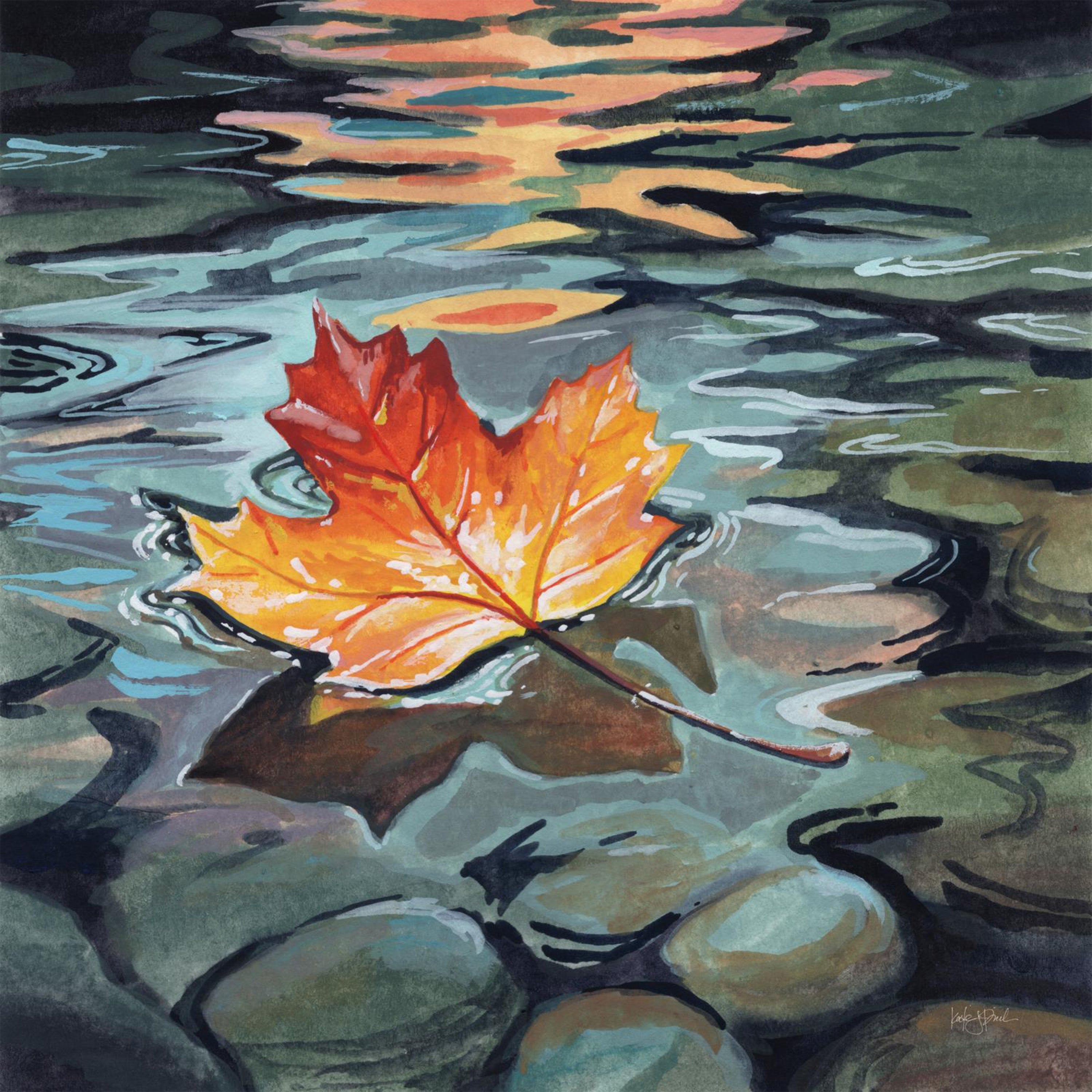 wall-art-print-canvas-poster-framed-Maple Leaf Floating In a Stream-1