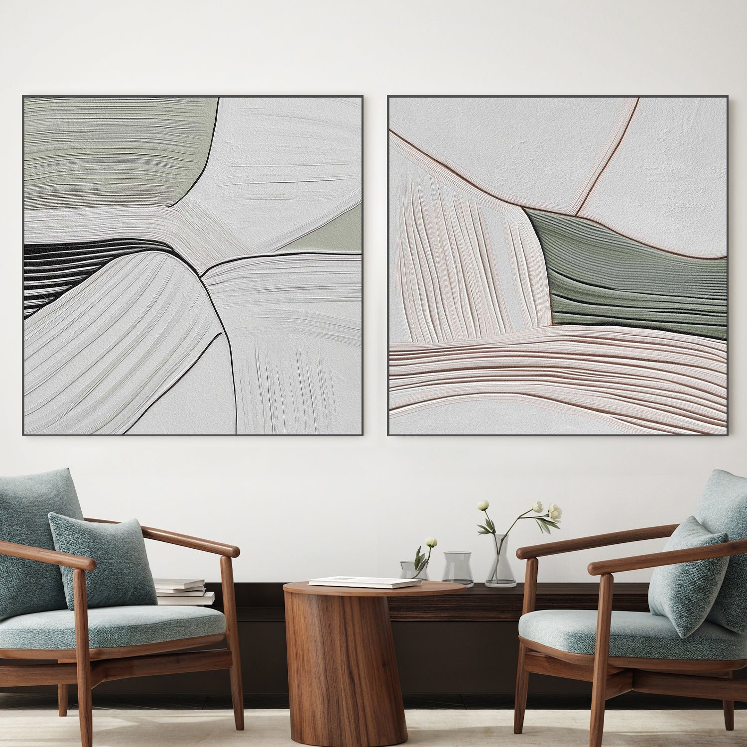 wall-art-print-canvas-poster-framed-Minimal Lines Grey Green, Style A & B, Set Of 2 , By Alma-2