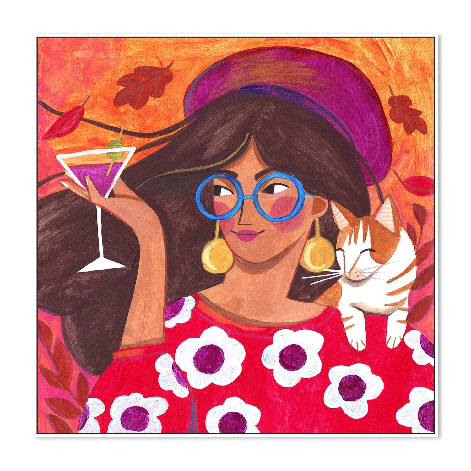 wall-art-print-canvas-poster-framed-Modern Autumn portrait Woman with Cat-5