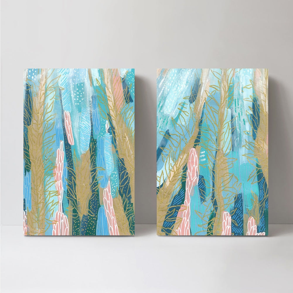 wall-art-print-canvas-poster-framed-Ochre Stems On Turquoise Background, Set Of 2-by-Emily Wood-Gioia Wall Art