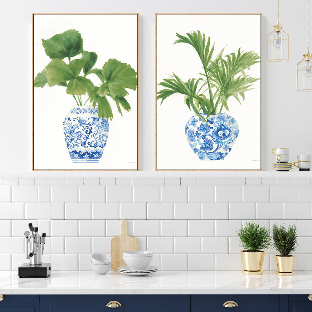 wall-art-print-canvas-poster-framed-Palm Chinoiserie White, Dark Green, Set of 2-by-Danhui Nai-Gioia Wall Art