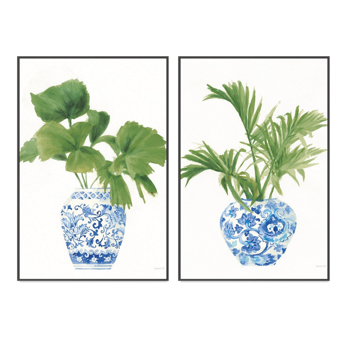 wall-art-print-canvas-poster-framed-Palm Chinoiserie White, Dark Green, Set of 2-by-Danhui Nai-Gioia Wall Art