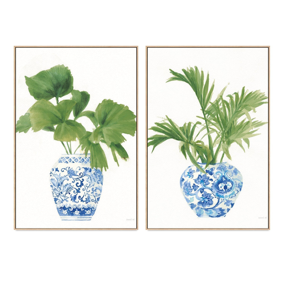 wall-art-print-canvas-poster-framed-Palm Chinoiserie White, Dark Green, Set of 2-by-Danhui Nai-Gioia Wall Art