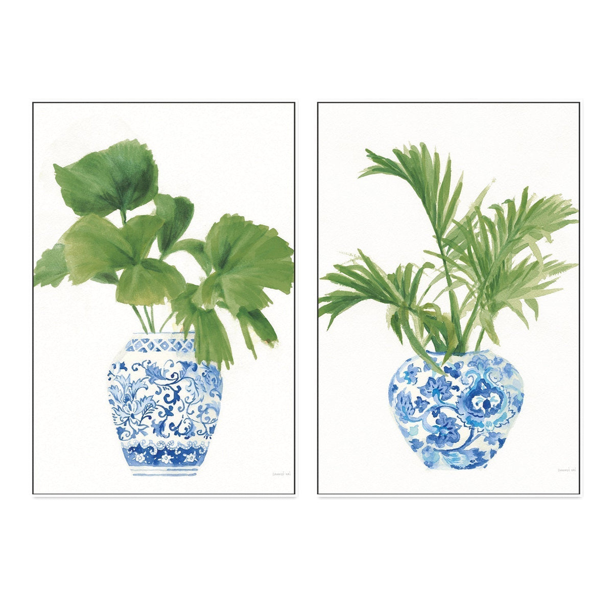 wall-art-print-canvas-poster-framed-Palm Chinoiserie White, Dark Green, Set of 2-by-Danhui Nai-Gioia Wall Art
