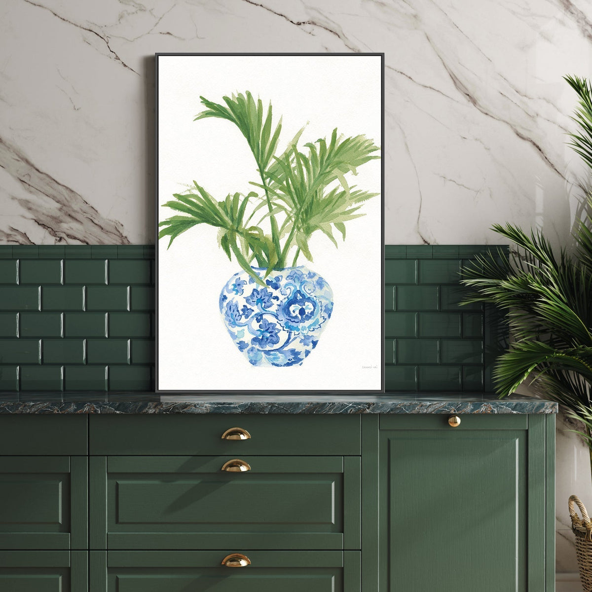 wall-art-print-canvas-poster-framed-Palm Chinoiserie White, Dark Green, Style B-by-Danhui Nai-Gioia Wall Art