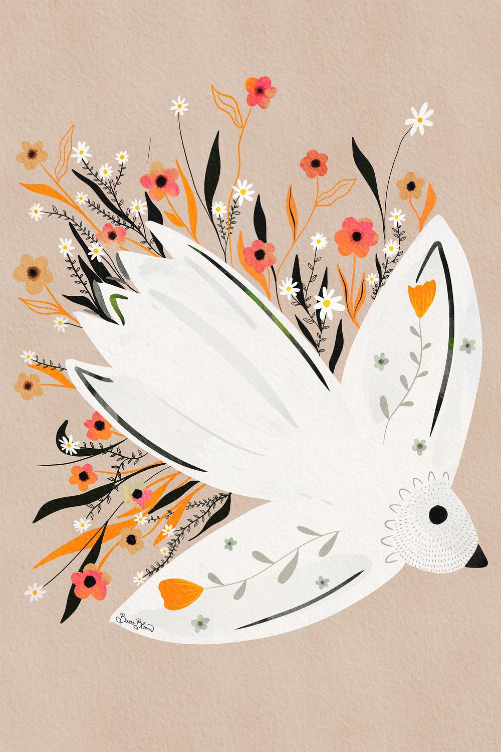 wall-art-print-canvas-poster-framed-Peaceful Floral Dove-1