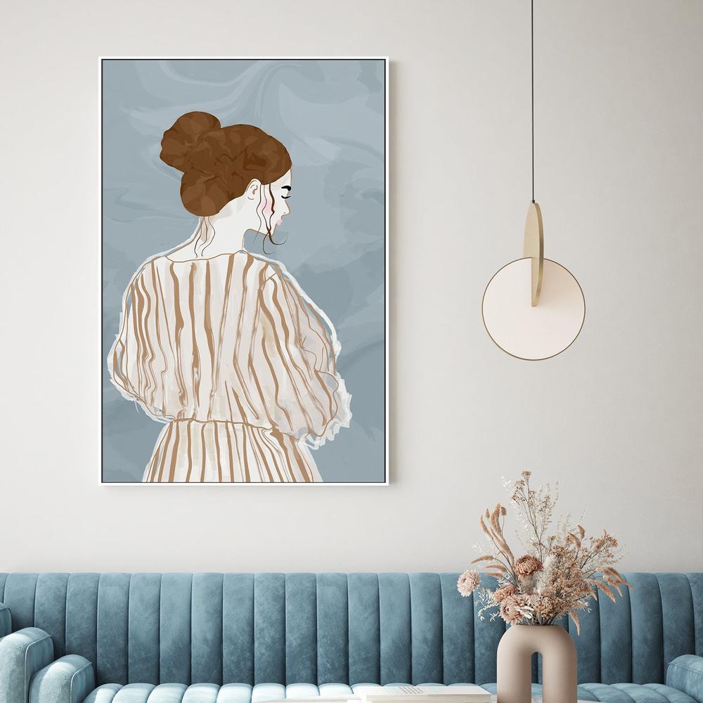 wall-art-print-canvas-poster-framed-Pensive Woman Striped Dress-2
