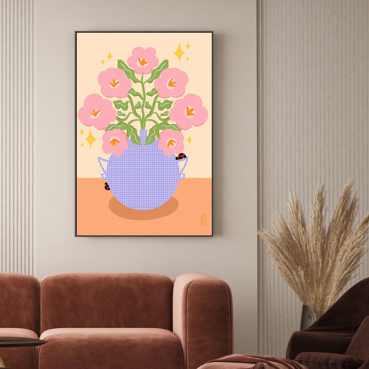 wall-art-print-canvas-poster-framed-Pink Retro Flowers in a Vase Illustration-2