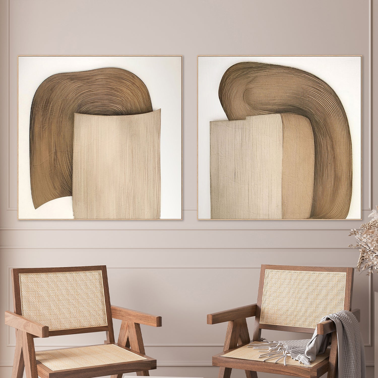 wall-art-print-canvas-poster-framed-Plissê Brown Tan, Style A & B, Set Of 2 , By Alma-2
