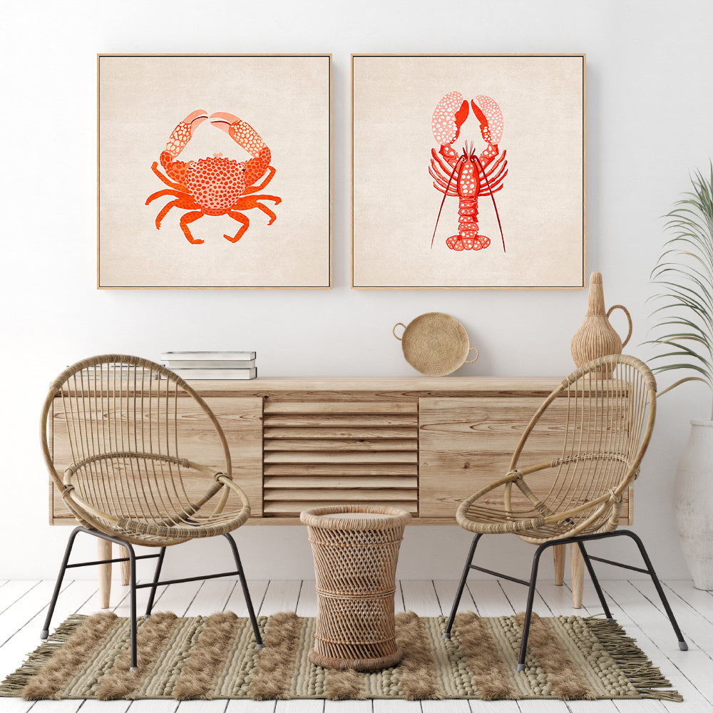 wall-art-print-canvas-poster-framed-Red Crab And Lobster, Set Of 2 , By Emel Tunaboylu-GIOIA-WALL-ART