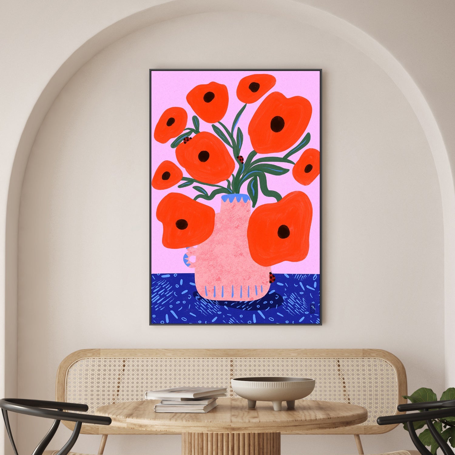 wall-art-print-canvas-poster-framed-Red Poppies and Ladybirds Floral Illustration-2