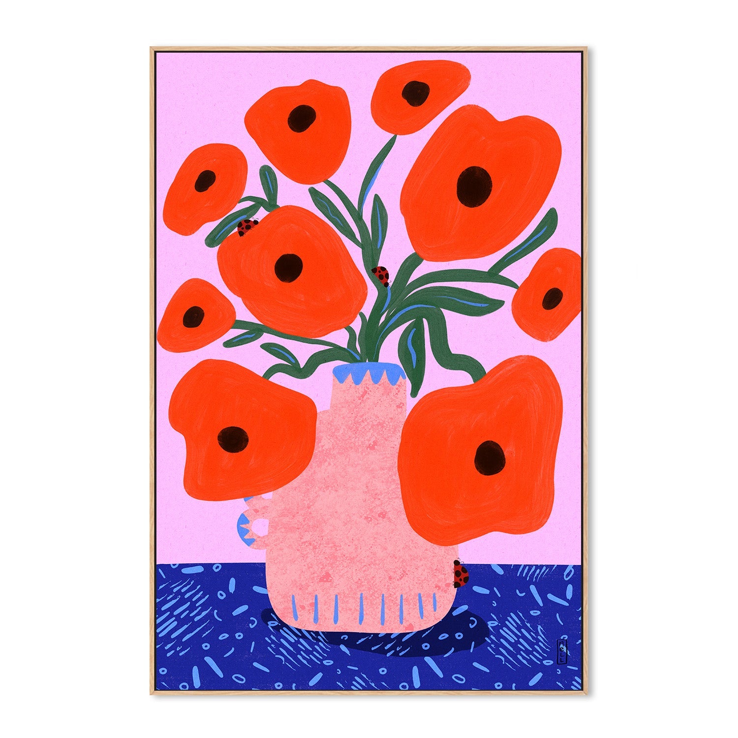 wall-art-print-canvas-poster-framed-Red Poppies and Ladybirds Floral Illustration-4