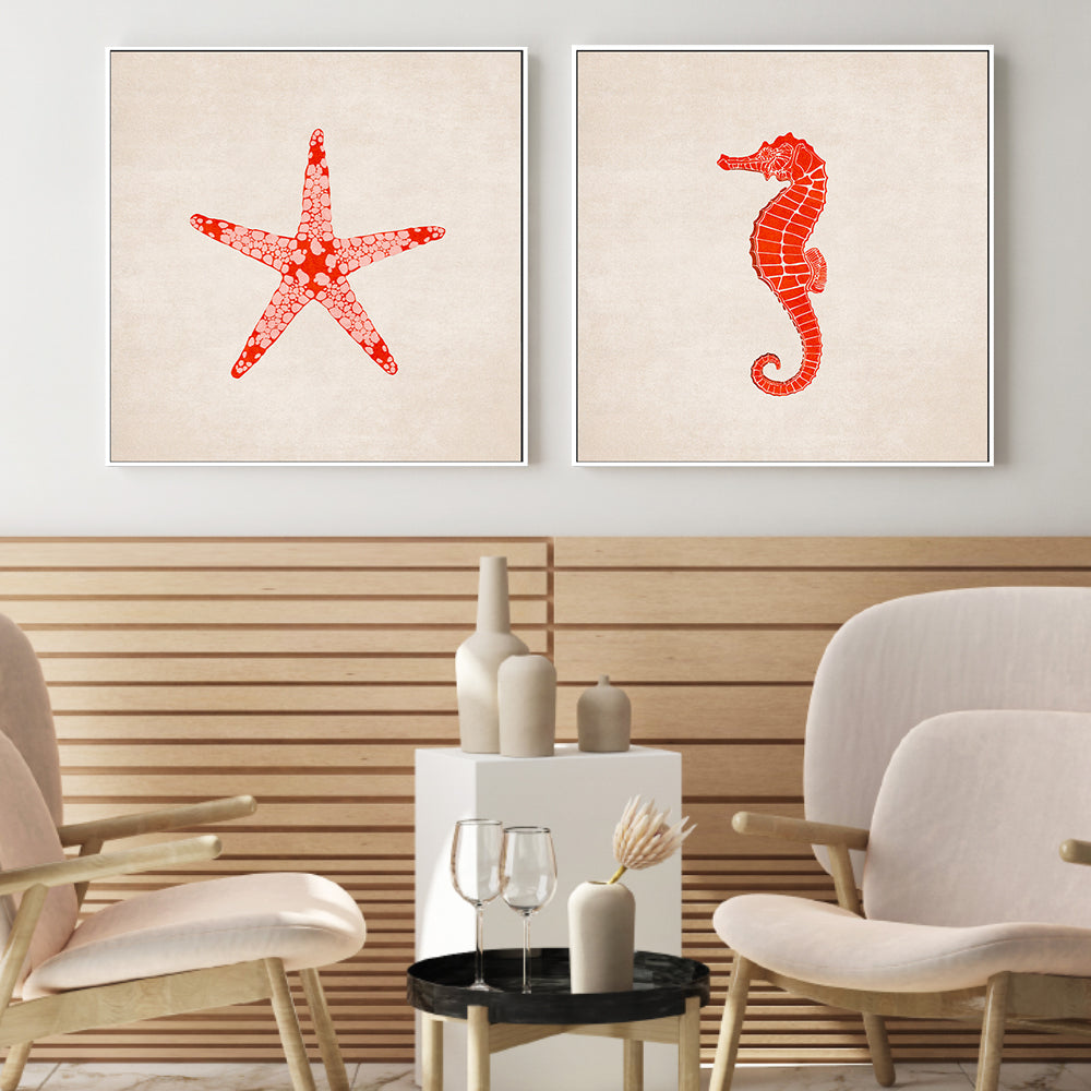 wall-art-print-canvas-poster-framed-Red Starfish And Sea Horse, Set Of 2 , By Emel Tunaboylu-GIOIA-WALL-ART