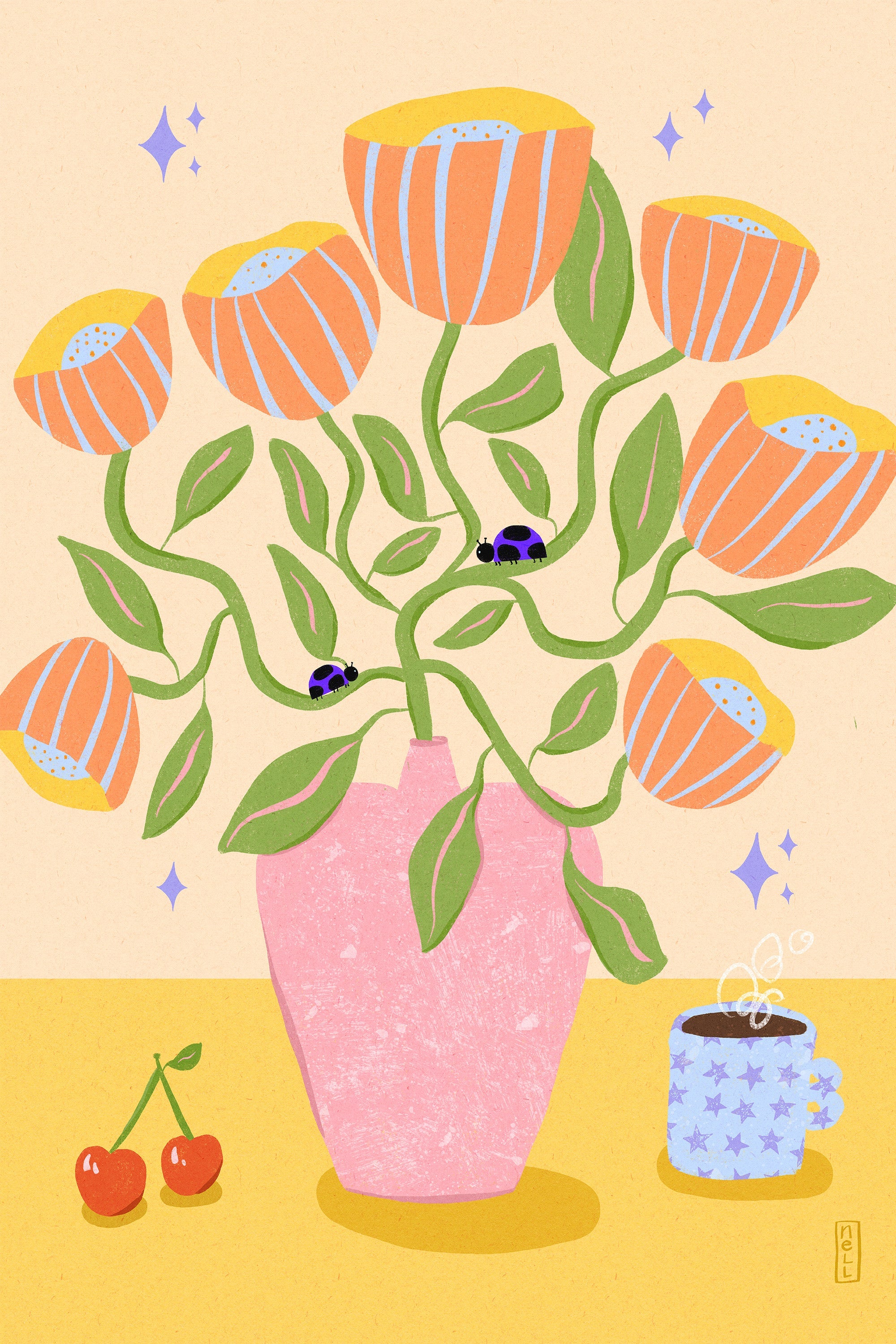 wall-art-print-canvas-poster-framed-Retro Bell Flowers in a Vase Illustration-1