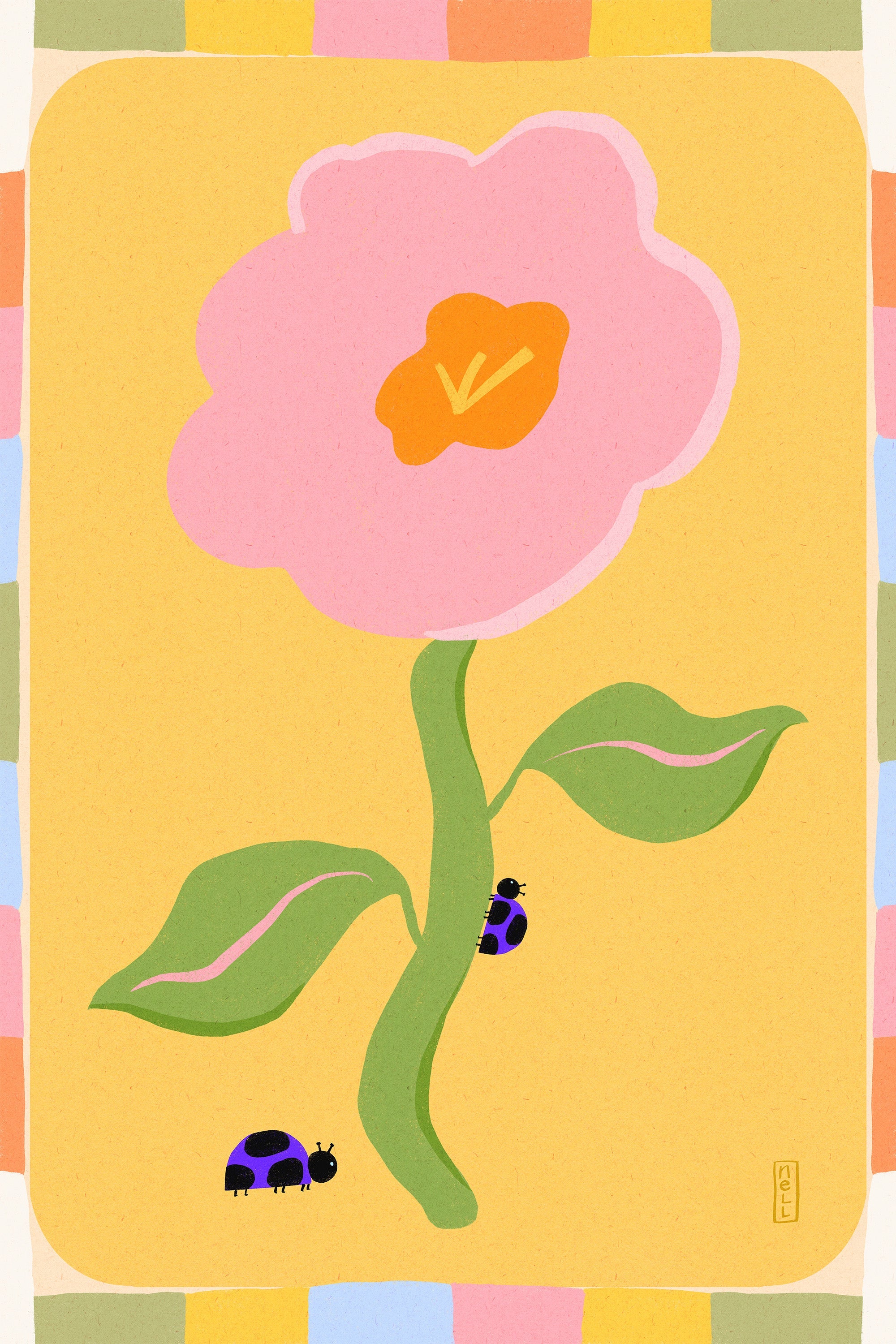 wall-art-print-canvas-poster-framed-Retro Floral Daisy with Ladybirds-1