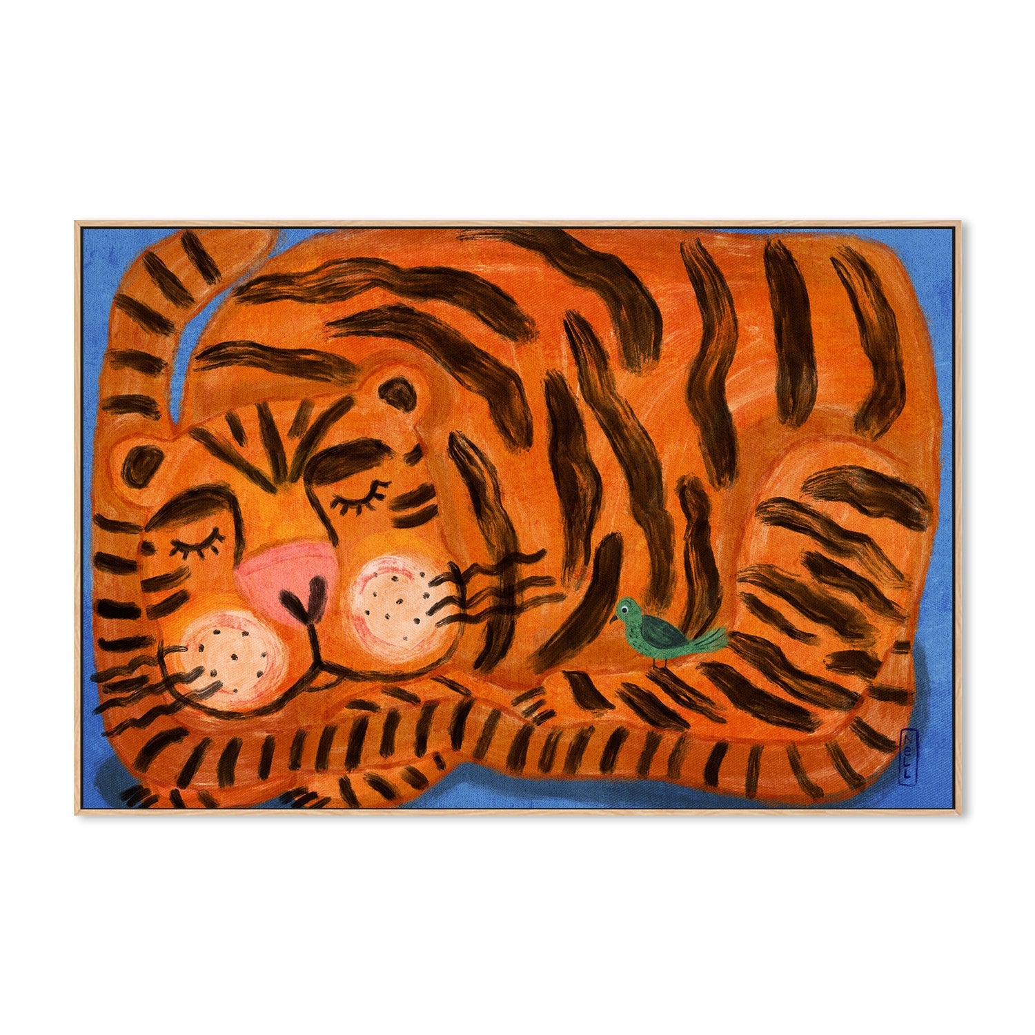 wall-art-print-canvas-poster-framed-Sleeping Tiger and a Bird Animal Friends-4