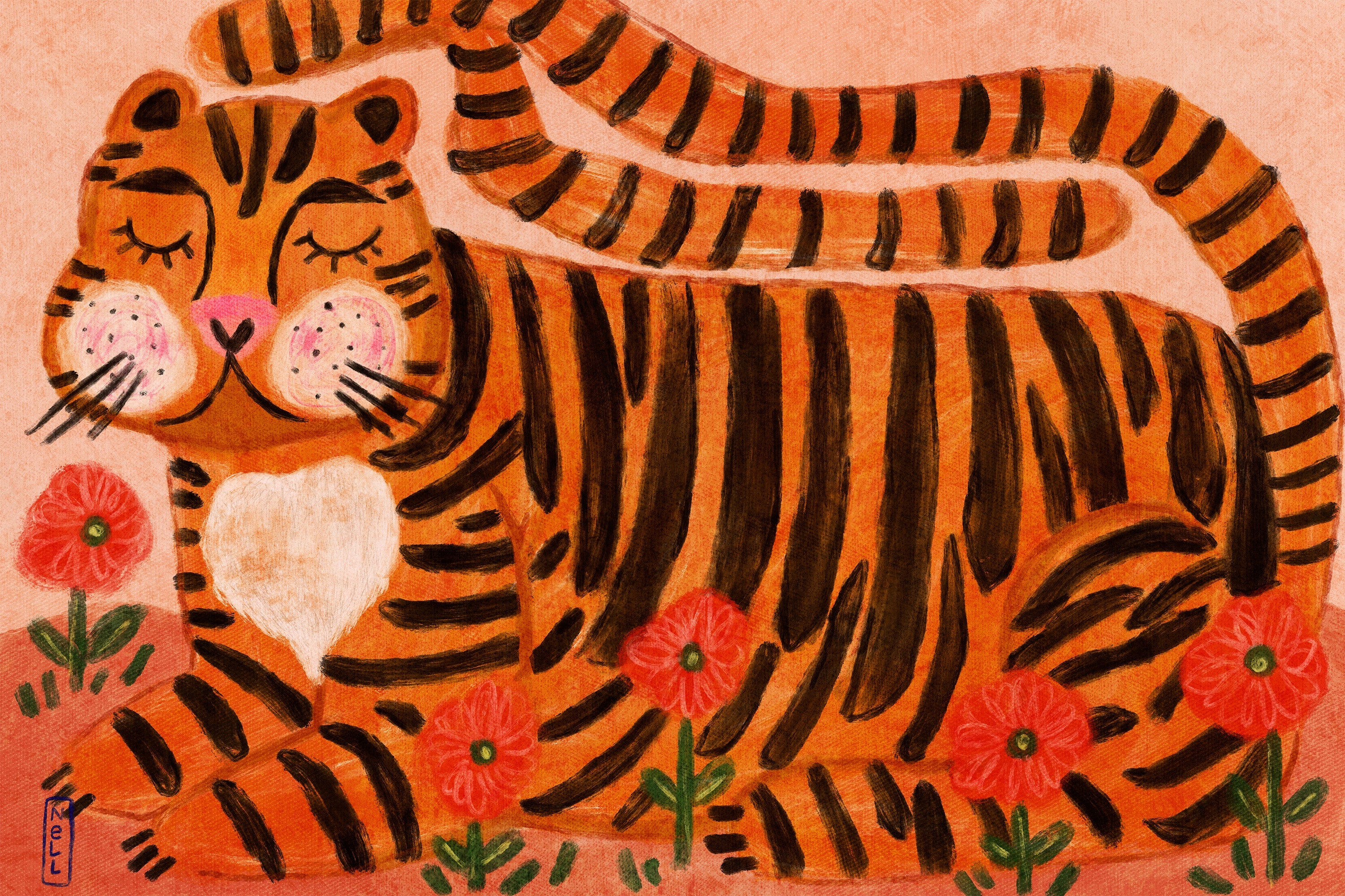 wall-art-print-canvas-poster-framed-Sleeping Tiger in a Flower Garden-1