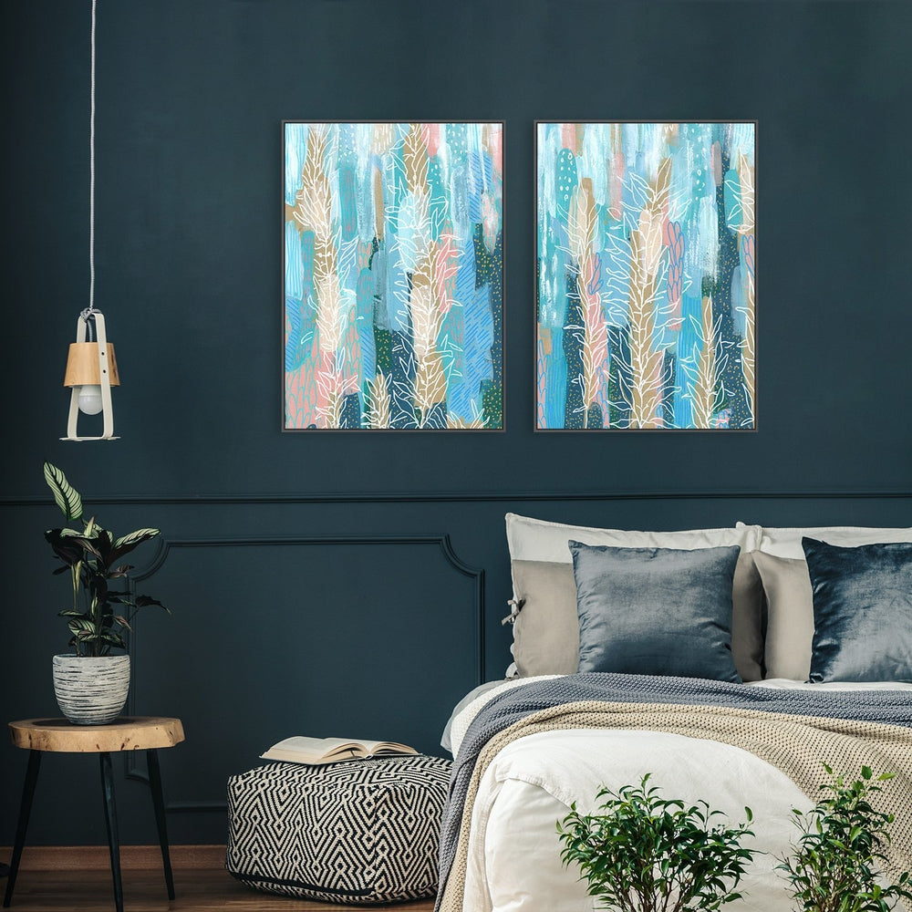 wall-art-print-canvas-poster-framed-Stems On Turquoise Background, Set Of 2-by-Emily Wood-Gioia Wall Art
