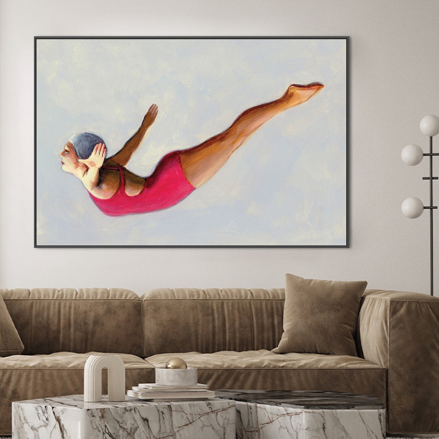 wall-art-print-canvas-poster-framed-Swan Dive in Red Swimsuit-2