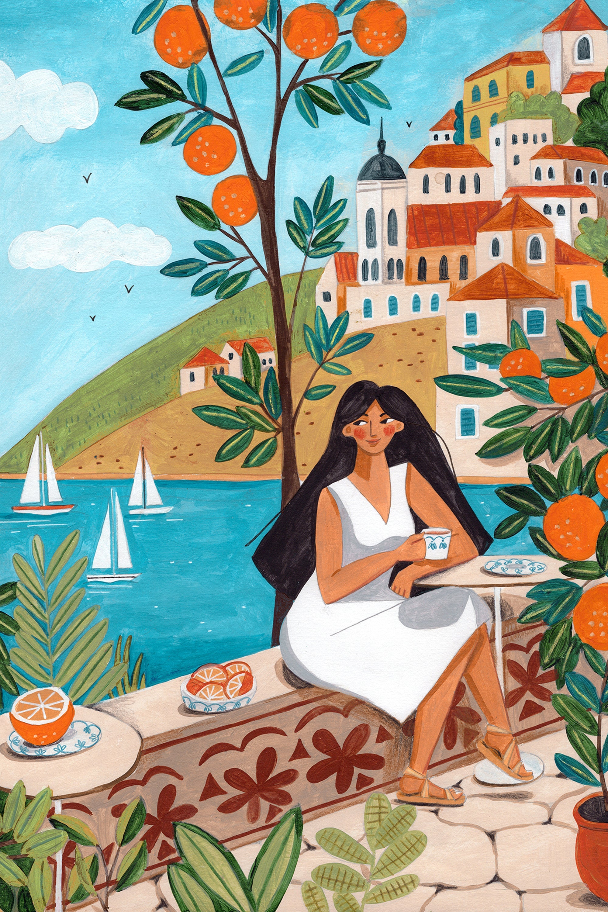 wall-art-print-canvas-poster-framed-Travel poster woman in Mediterranean coast-1