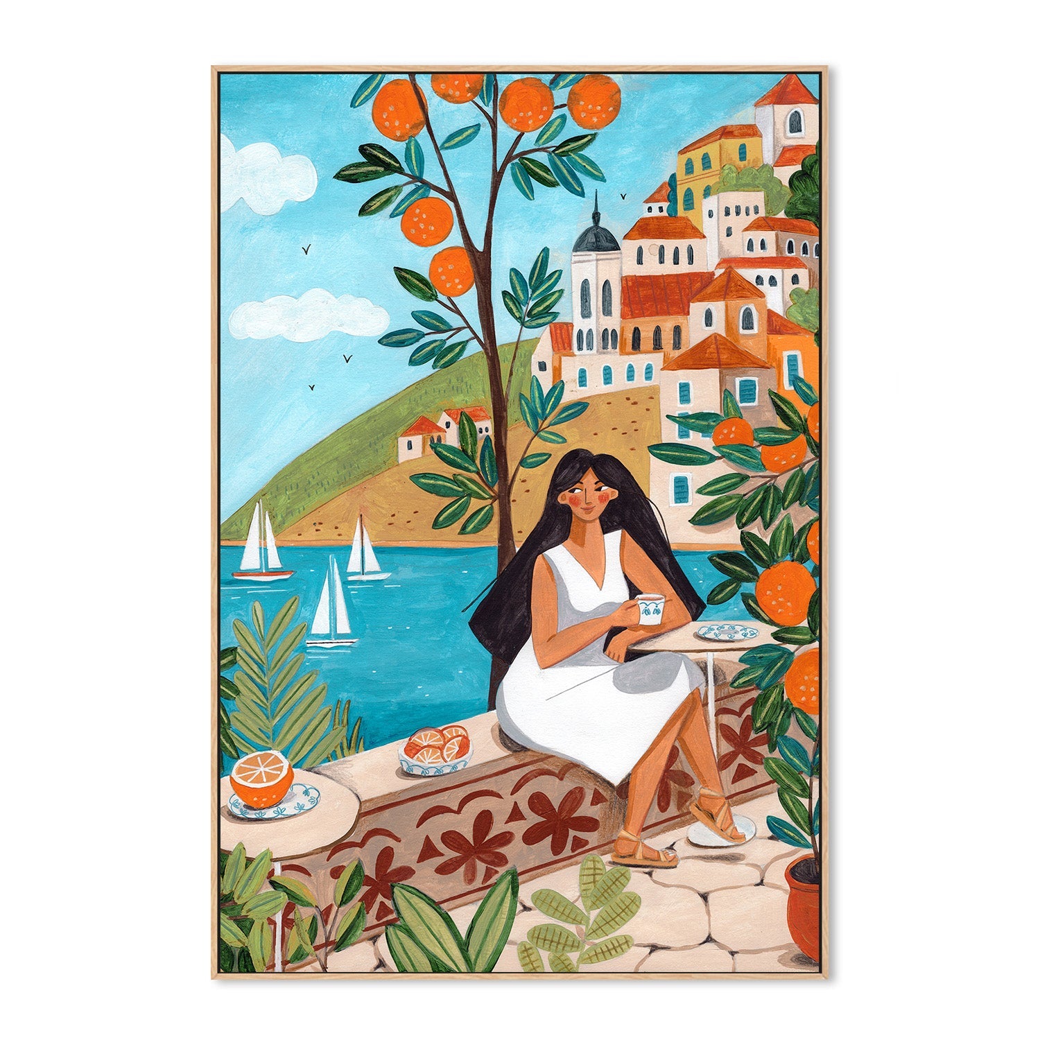 wall-art-print-canvas-poster-framed-Travel poster woman in Mediterranean coast-4