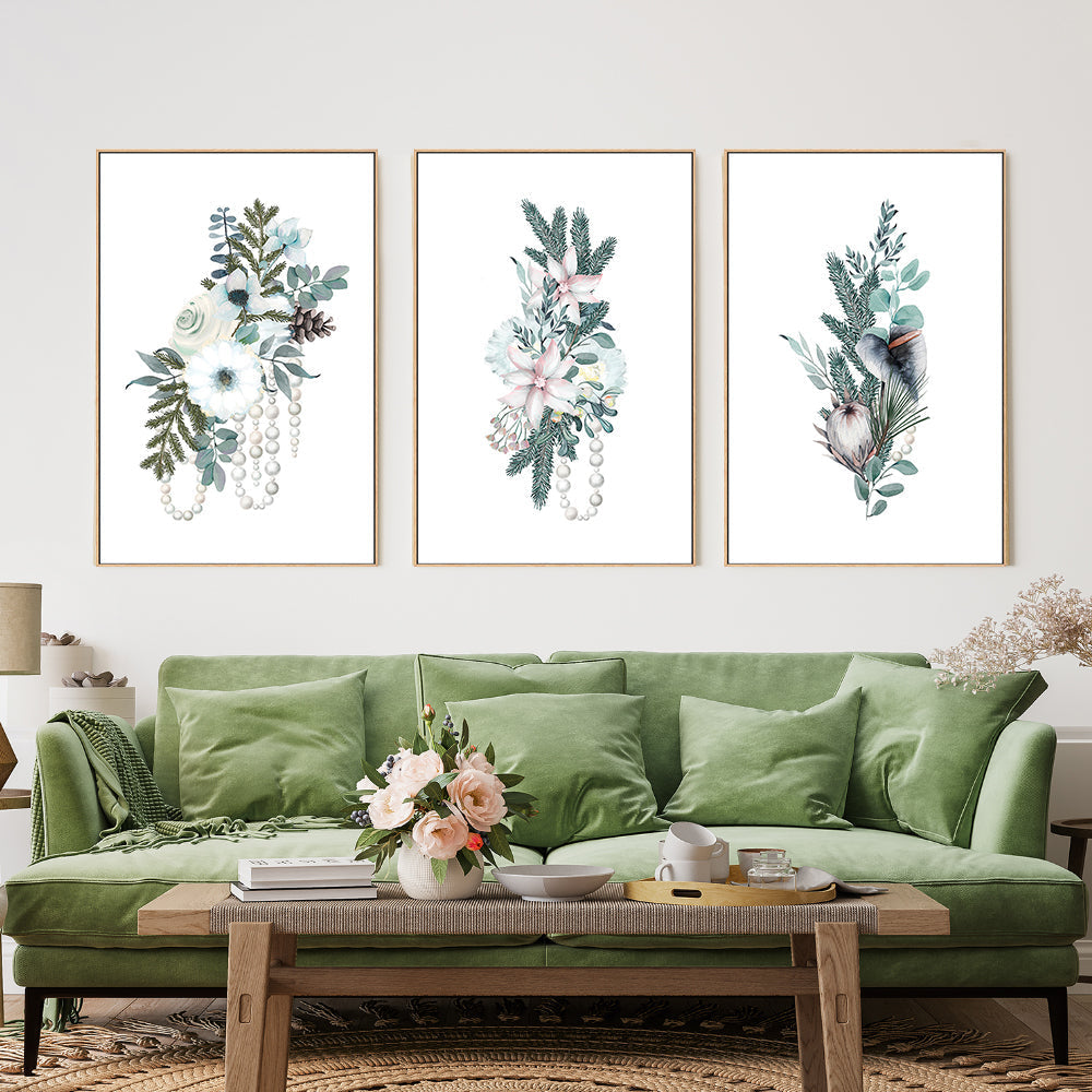 wall-art-print-canvas-poster-framed-Vintage Floral, Style A, B & C, Set Of 3-GIOIA-WALL-ART