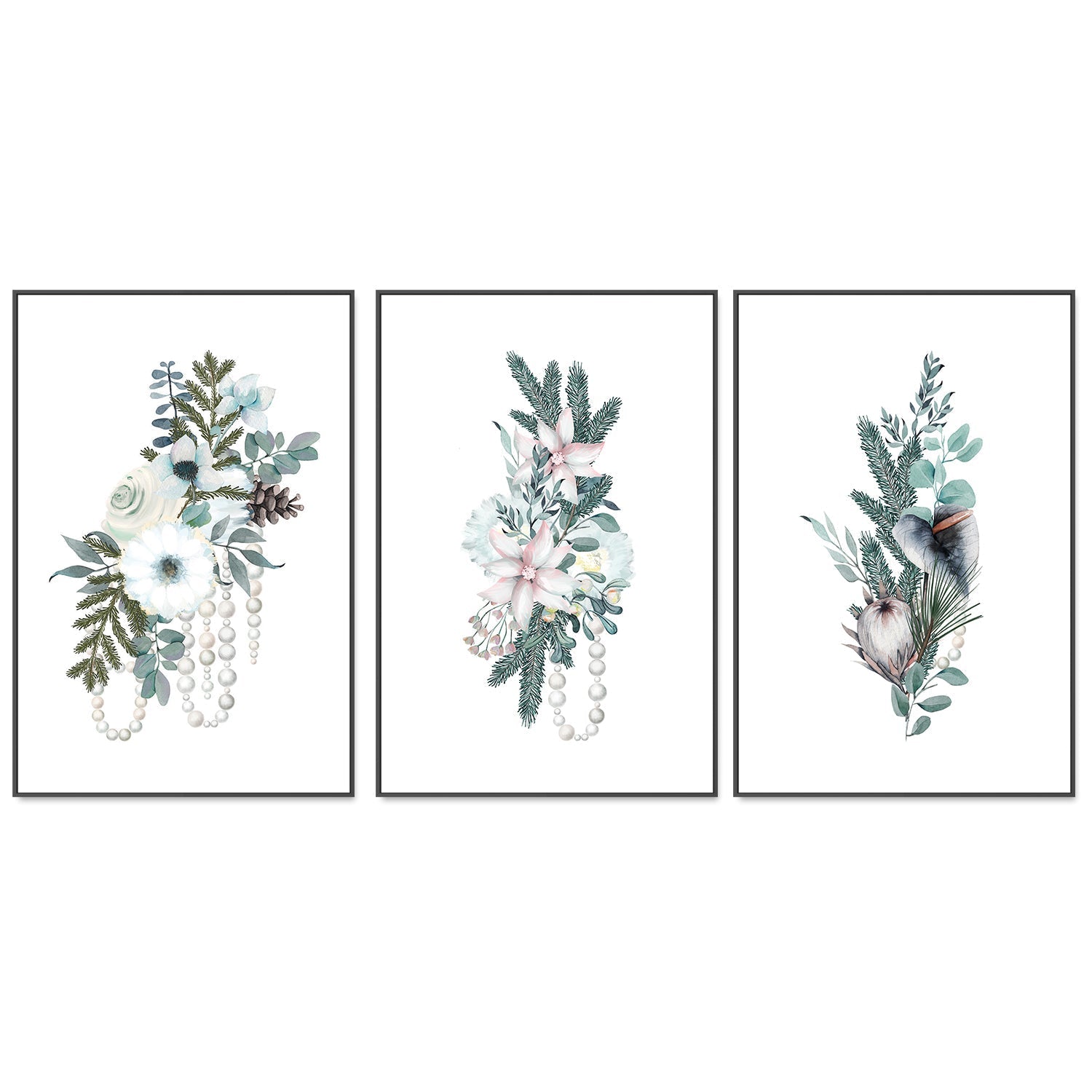wall-art-print-canvas-poster-framed-Vintage Floral, Style A, B & C, Set Of 3-GIOIA-WALL-ART