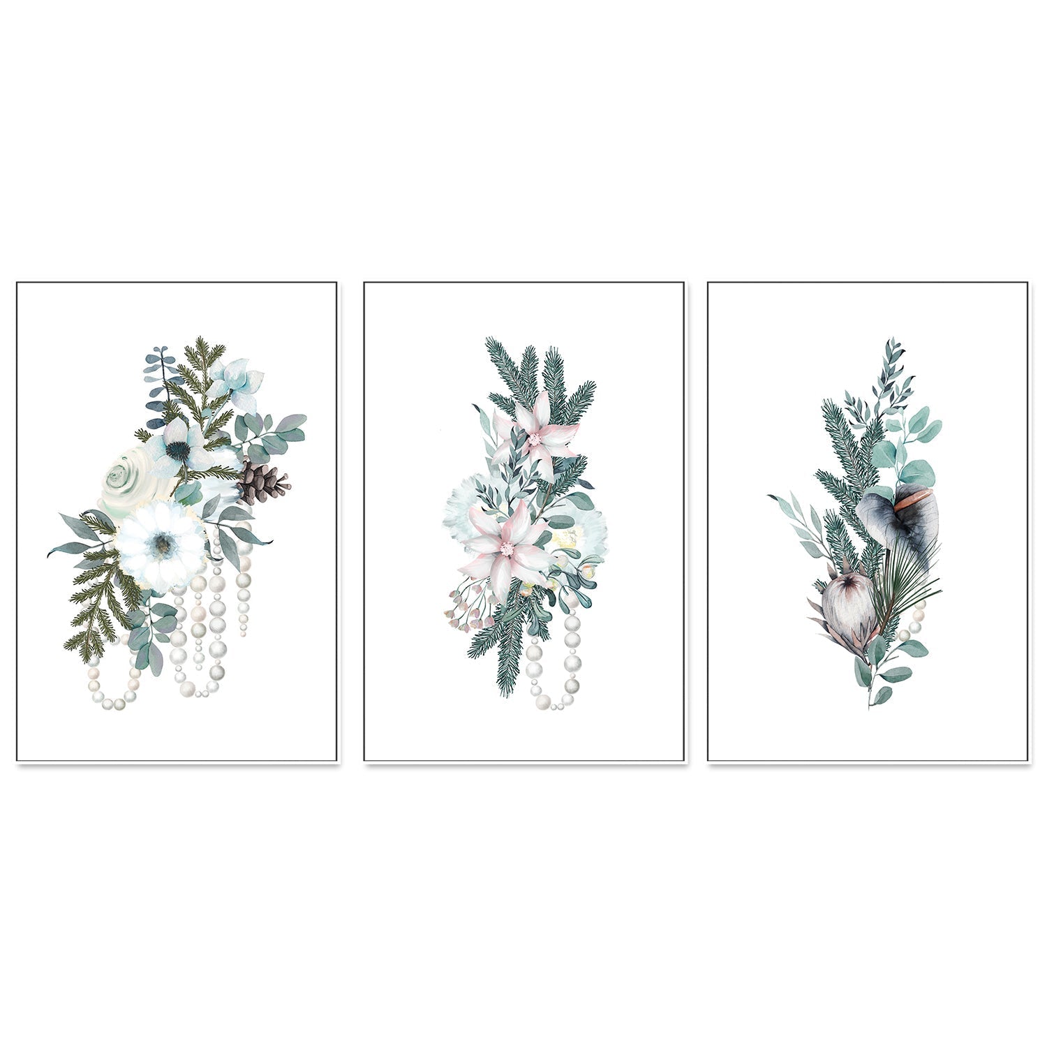wall-art-print-canvas-poster-framed-Vintage Floral, Style A, B & C, Set Of 3-GIOIA-WALL-ART