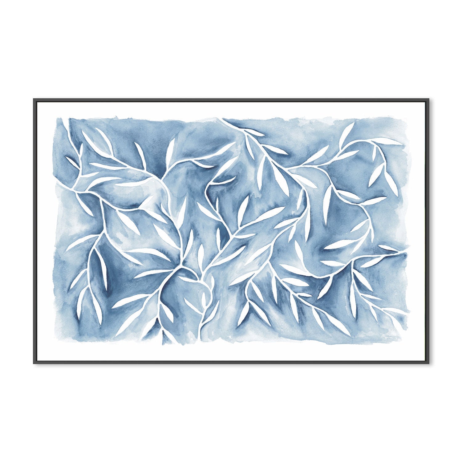 wall-art-print-canvas-poster-framed-Watercolour Leaves Blue-by-Dear Musketeer Studio-Gioia Wall Art