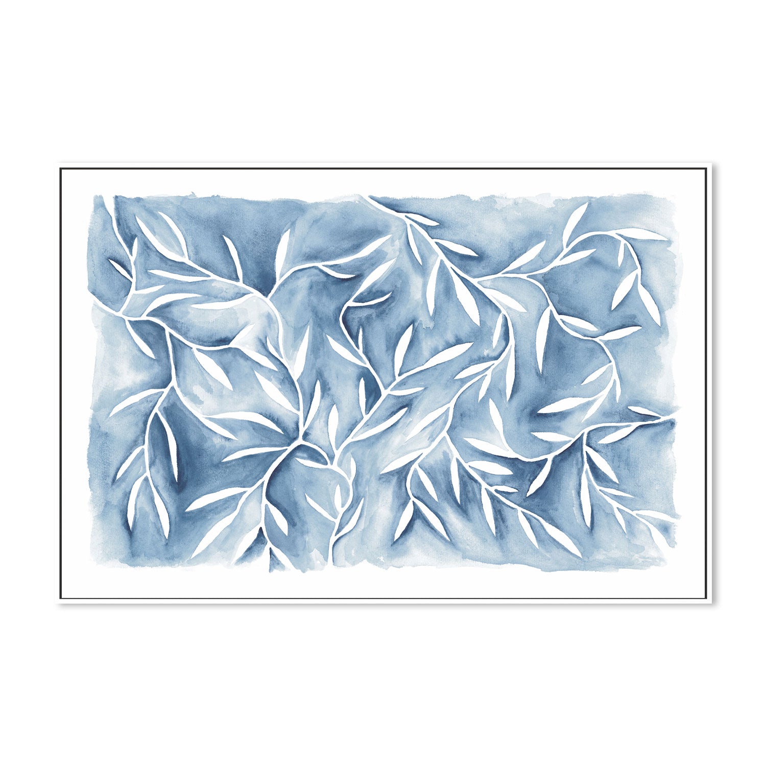 wall-art-print-canvas-poster-framed-Watercolour Leaves Blue-by-Dear Musketeer Studio-Gioia Wall Art