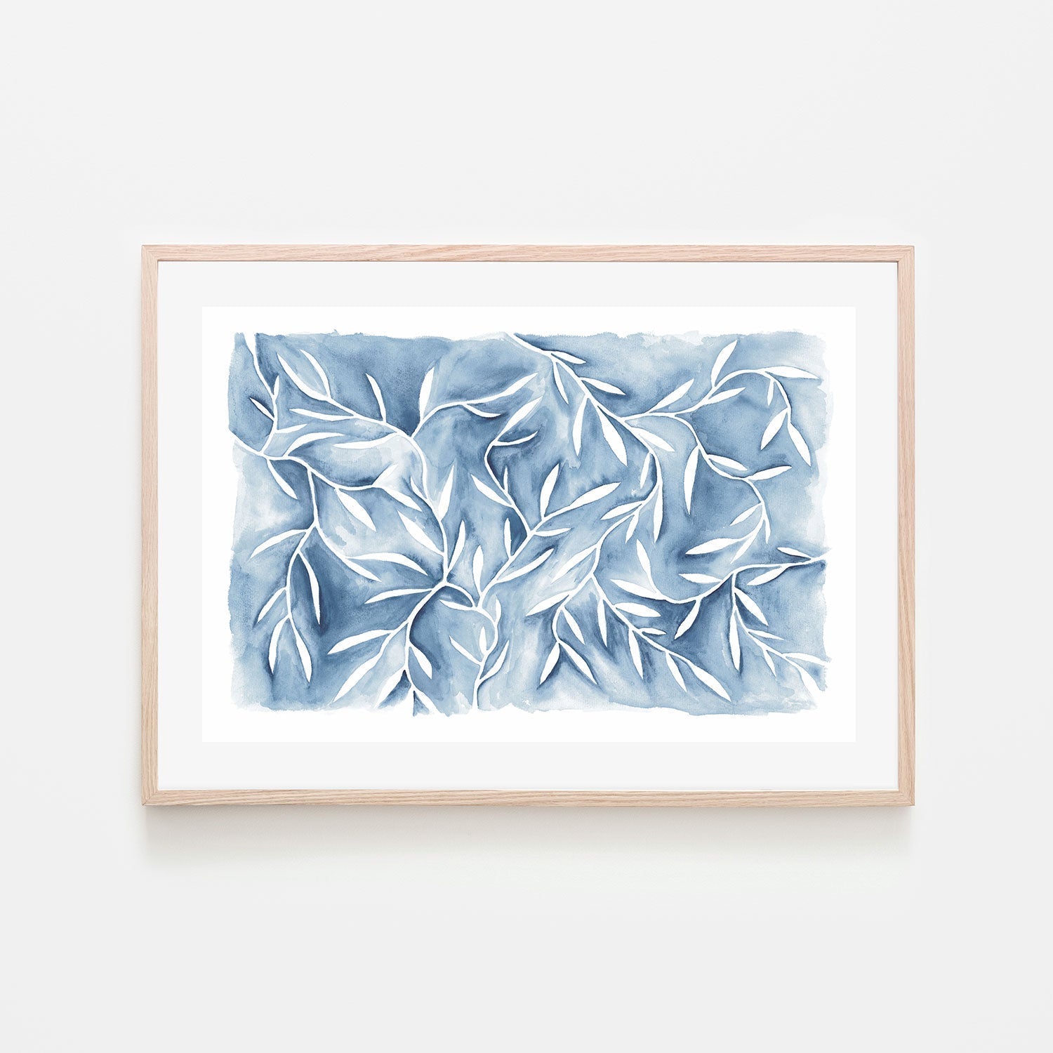 wall-art-print-canvas-poster-framed-Watercolour Leaves Blue-by-Dear Musketeer Studio-Gioia Wall Art