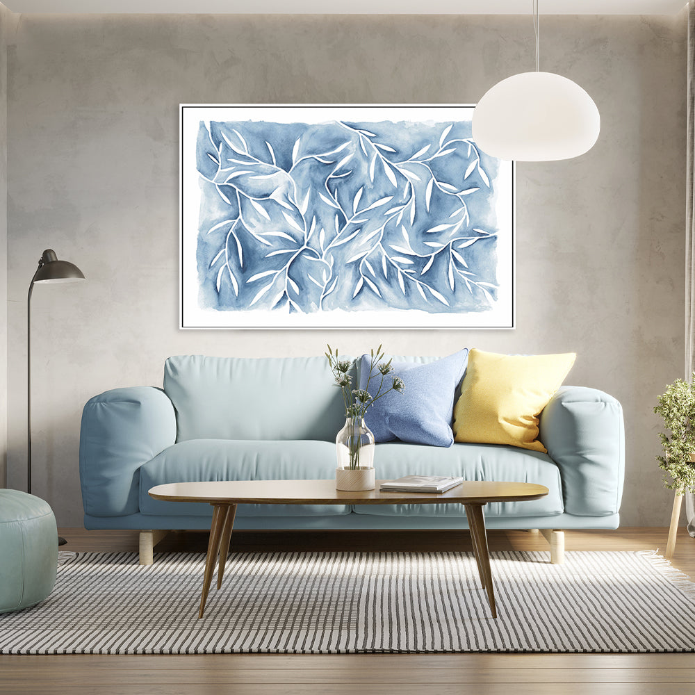 wall-art-print-canvas-poster-framed-Watercolour Leaves Blue-by-Dear Musketeer Studio-Gioia Wall Art