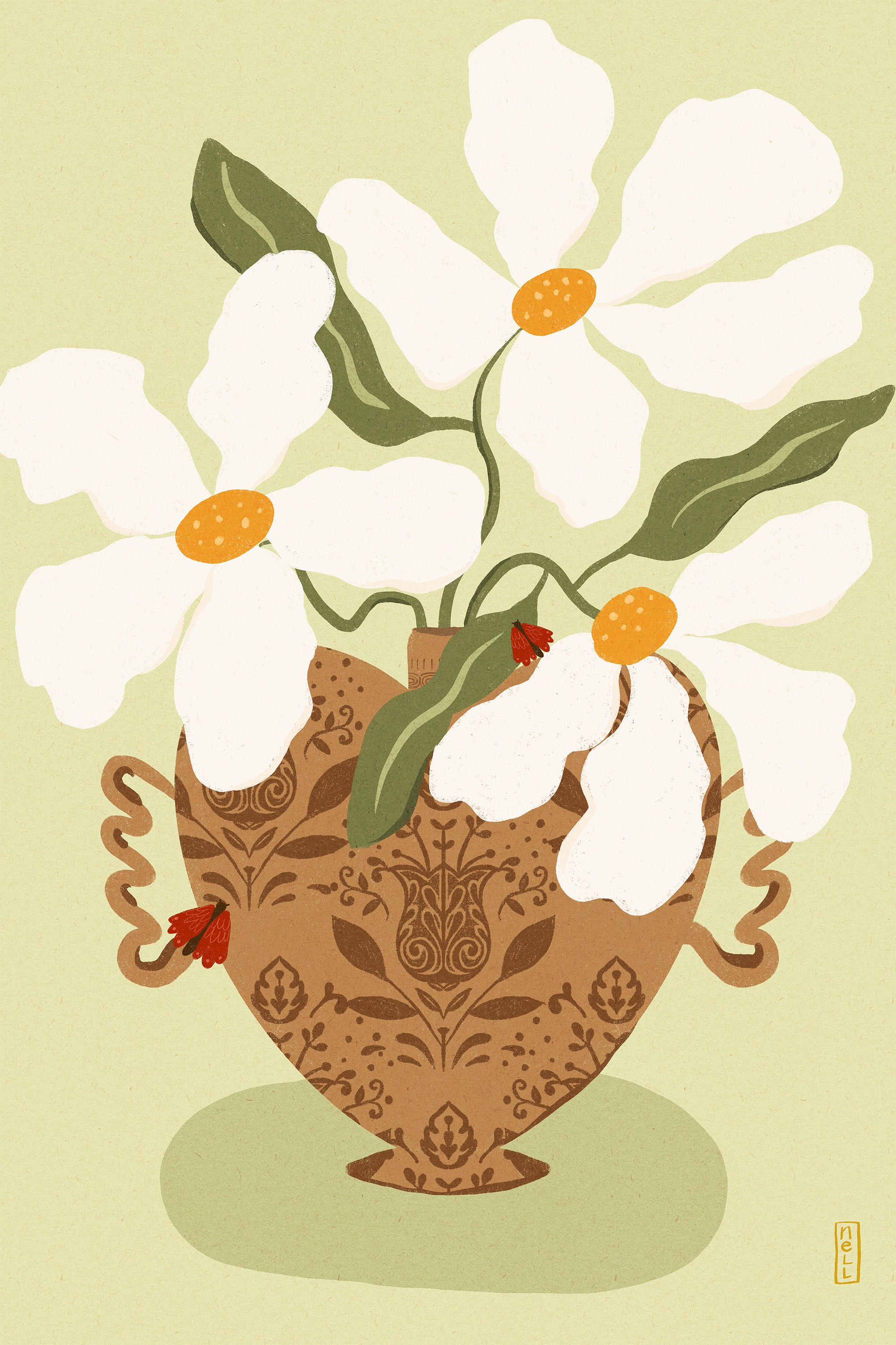 wall-art-print-canvas-poster-framed-White flowers in a Greek Vase Illustration-1