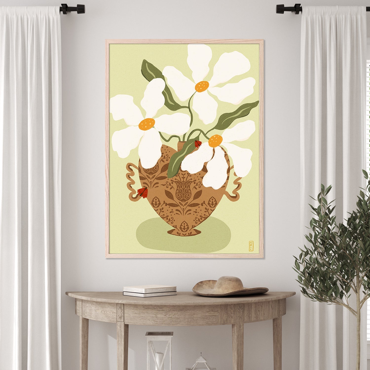 wall-art-print-canvas-poster-framed-White flowers in a Greek Vase Illustration-7